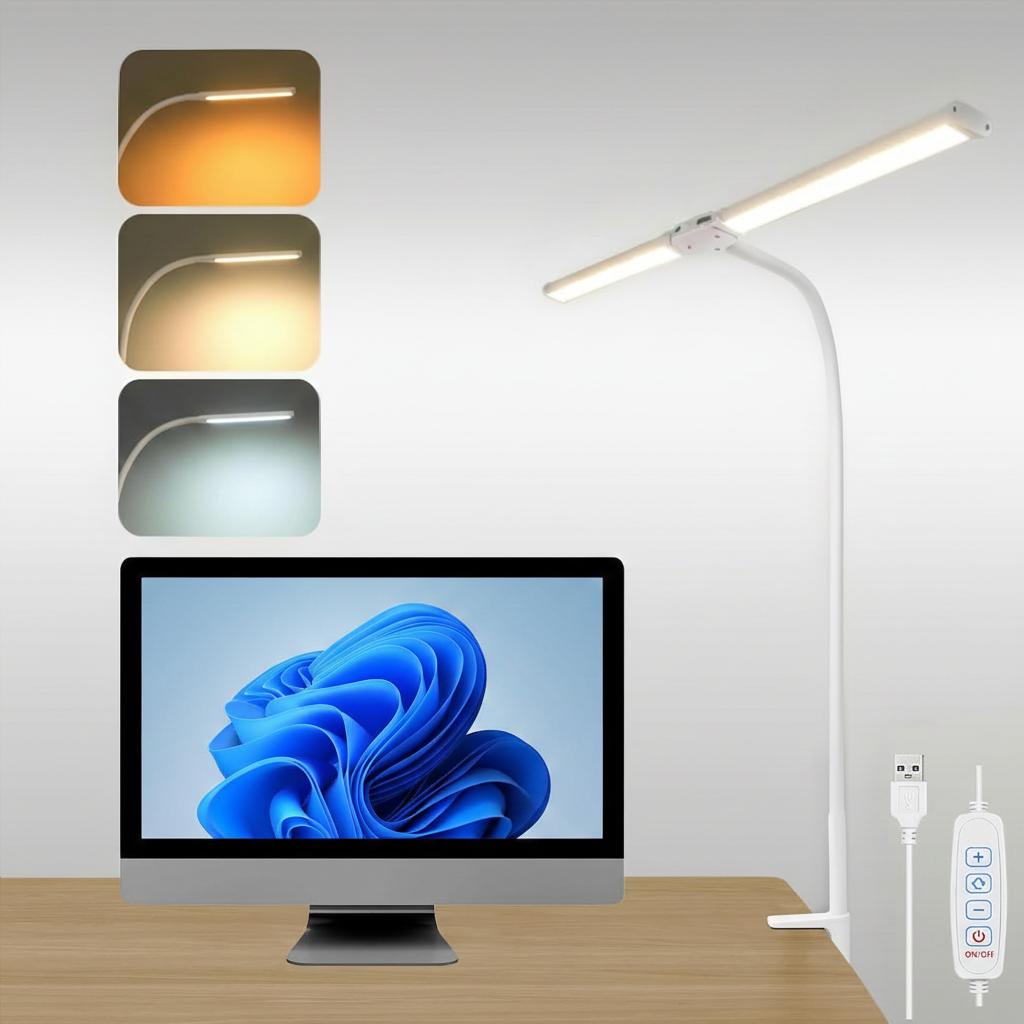 lapalife LED Schreibtischlampe Doppelkopf 60cm Klemmbar Dimmbar 3 Farbtemperaturen Verstellbarer Augenschutz Tischlampe Bürolampe, Weiß