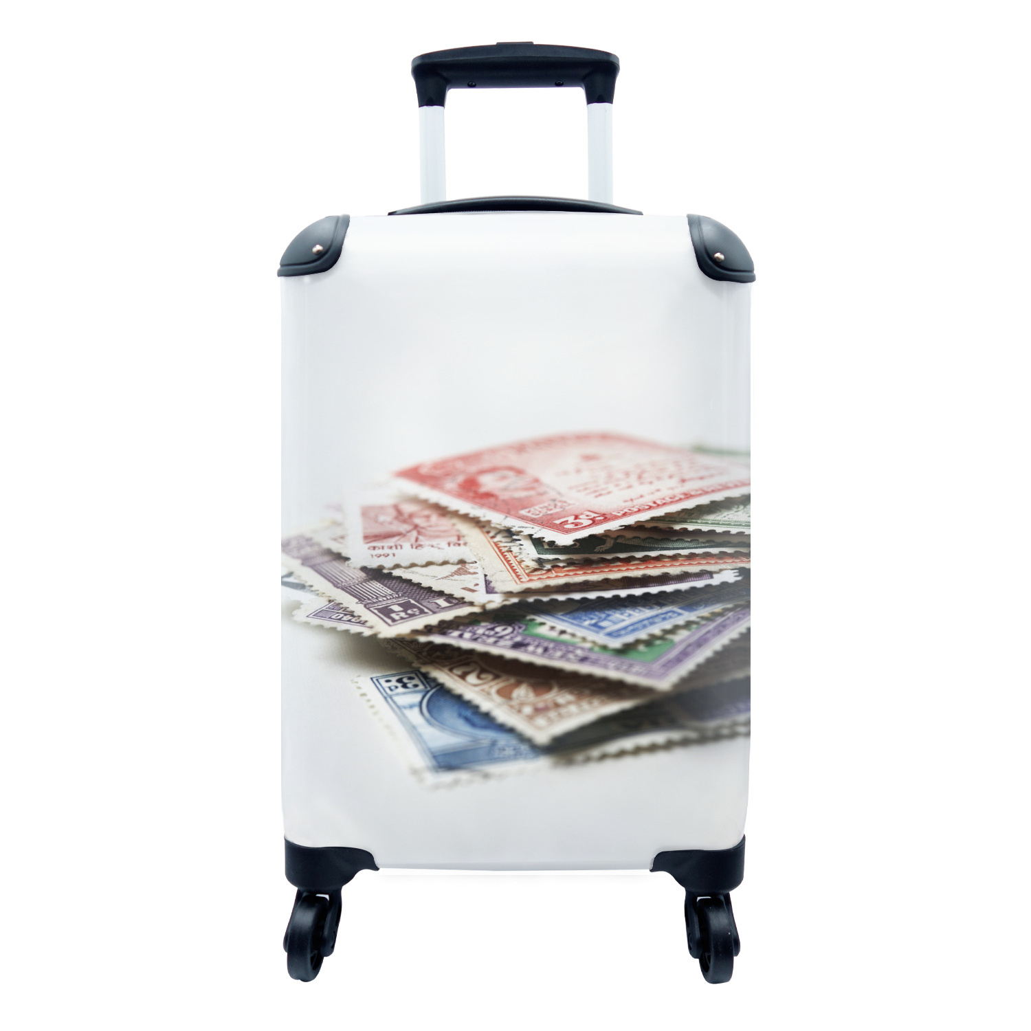 MuchoWow® Koffer Handgepäck Trolley Rollkoffer Kleine Reisekoffer mit 4 Rollen - Stapel von Postwertzeichen - Cabin Size < 55x40x23 cm & 55x40x20 cm - Fotokoffer - Kabinenkoffer - Boardgepäck - Reise-Box - Reisekoffer - Reisegepäck - Koffer mit Bild - Trolley für Kinder 68|17291200