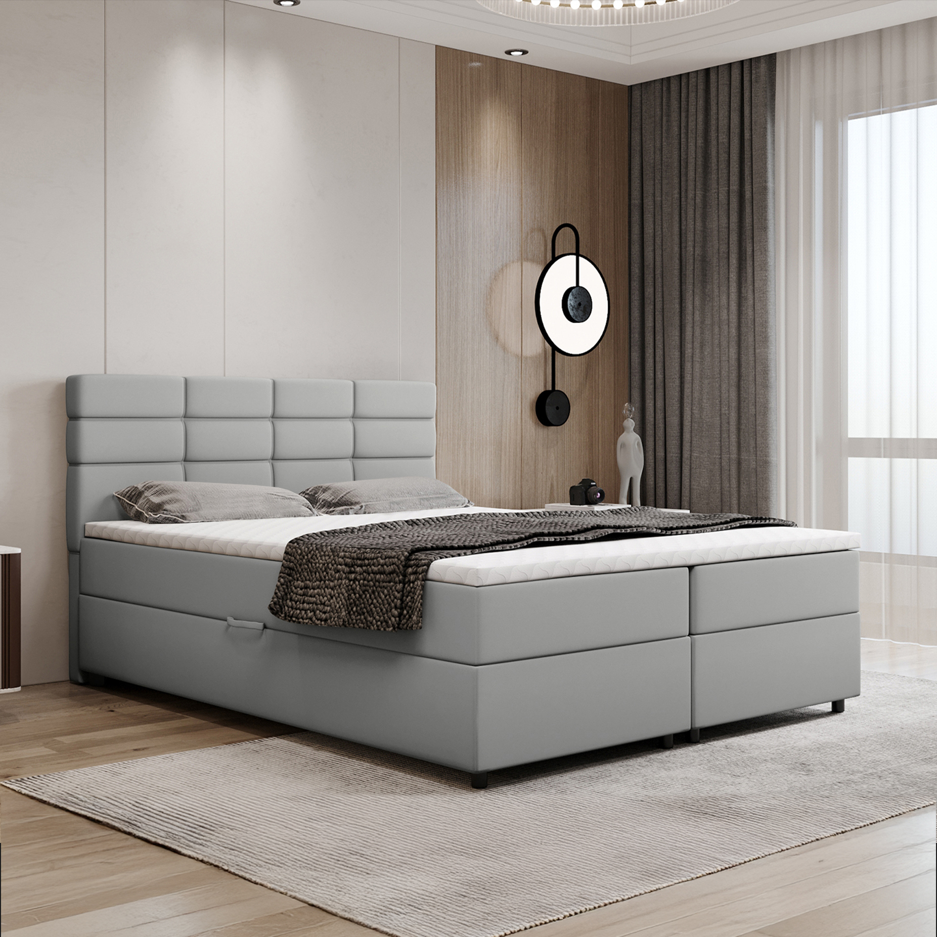 Boxspringbett 160x200, mit Bettkasten, Hellgrau, Matratze und Topper, Doppelbett, REVE, Panda Möbel