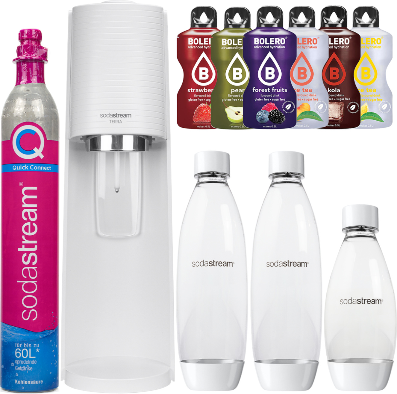 Výrobník perlivej vody SodaStream Terra White + 2 fľaše, biela, 1 l + 1 fľaša, biela, 0,5 l + Bolero
