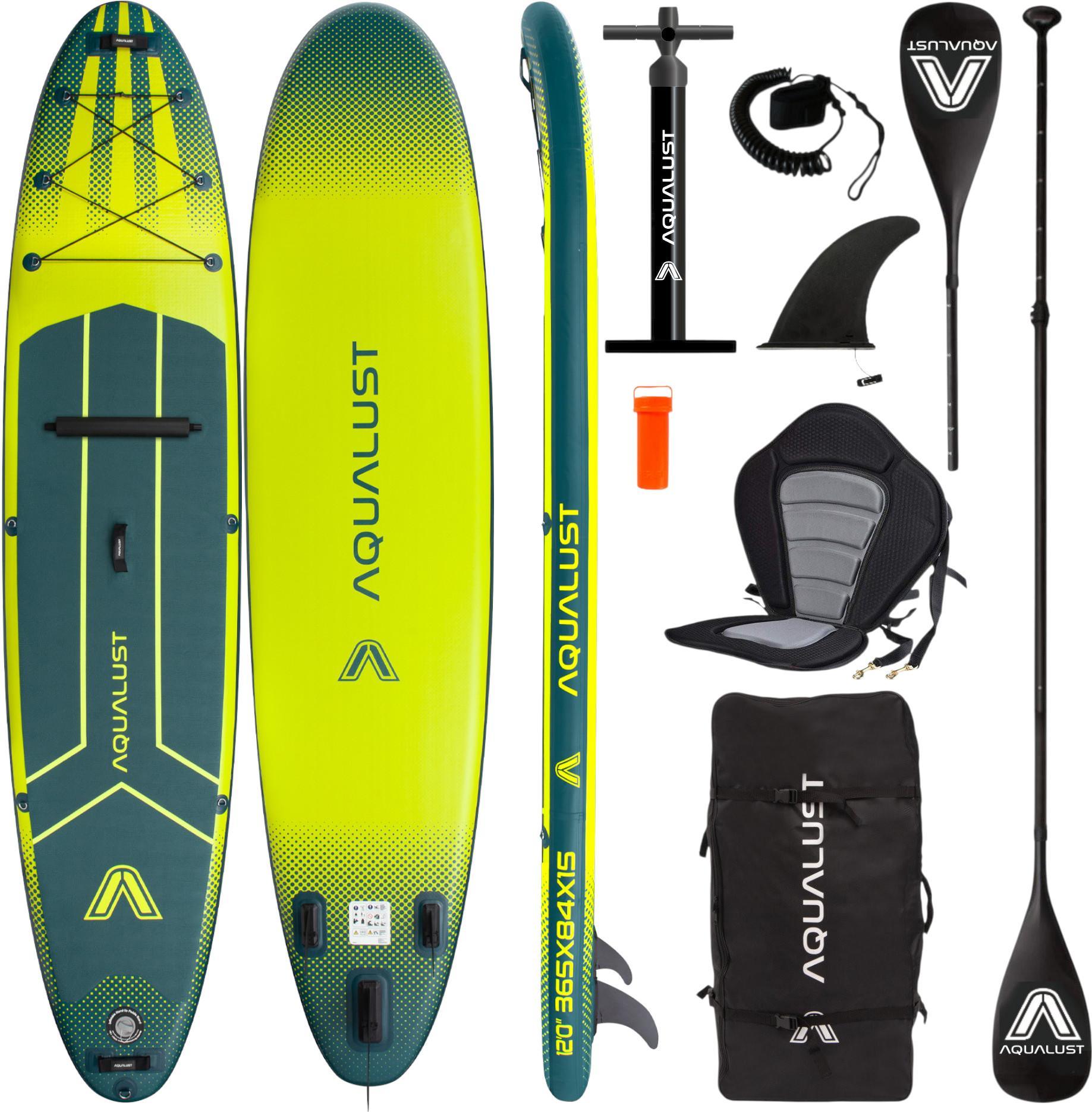 AQUALUST 12.0 iSUP Board Stand Up Paddle Surfboard nafukovací kompletný set 365cm - Obsah: board set+kajak pádlo+luxusné sedadlo