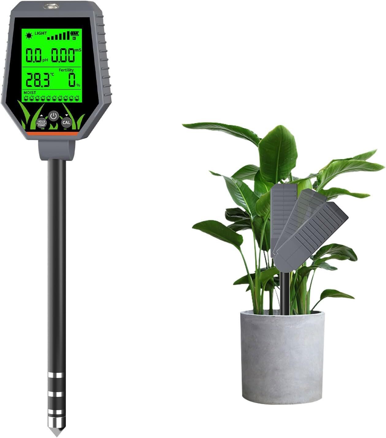 kuny Bodenfeuchtigkeitsmessgerät, 6-in-1 Digital-pH-Meter Boden für Feuchtigkeit, Licht, PH, EC, Fruchtbarkeitstemperatur, Boden-pH-Testkit, gut für Garten