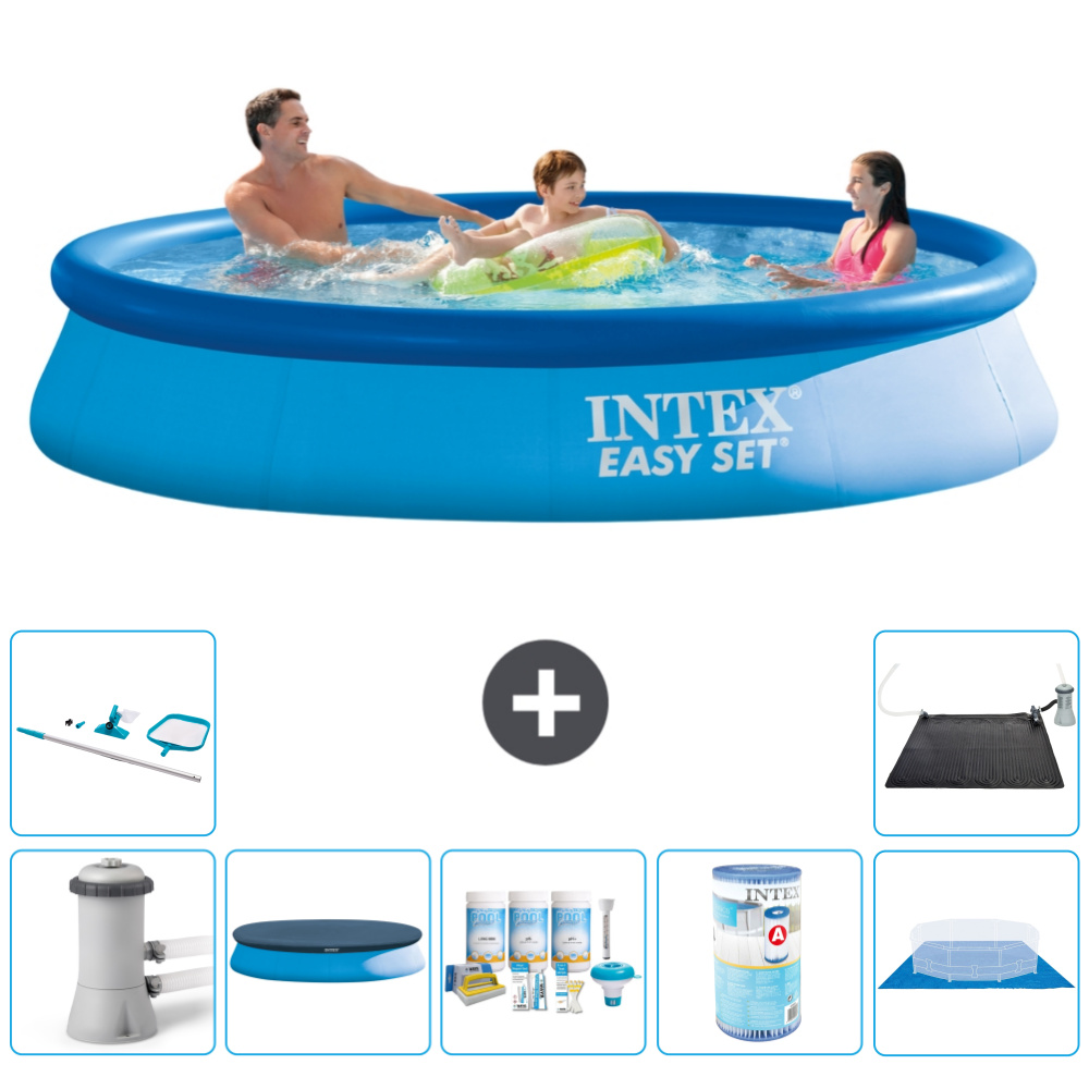 Intex okrúhly nafukovací bazén Easy Set - 366 x 76 cm - modrý - vrátane krytu čerpadla - balík na údržbu - filter - podložka - čistiaca súprava - solárna podložka