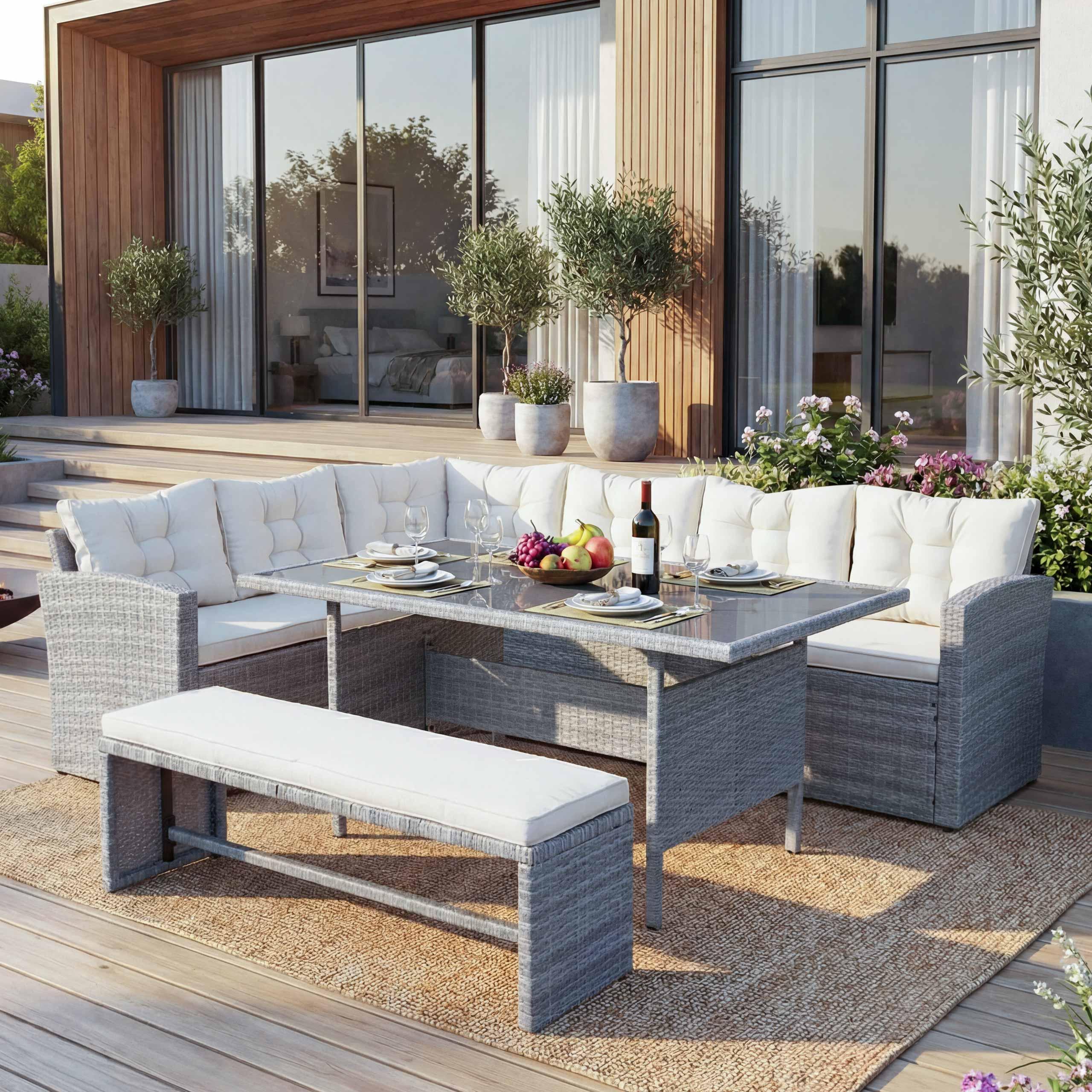 Poly ratanová súprava HWC-A29, záhradná súprava sedacia skupina obývacia izba jedálenský stôl súprava pohovka ~ svetlo šedá, vankúše krémová + lavica