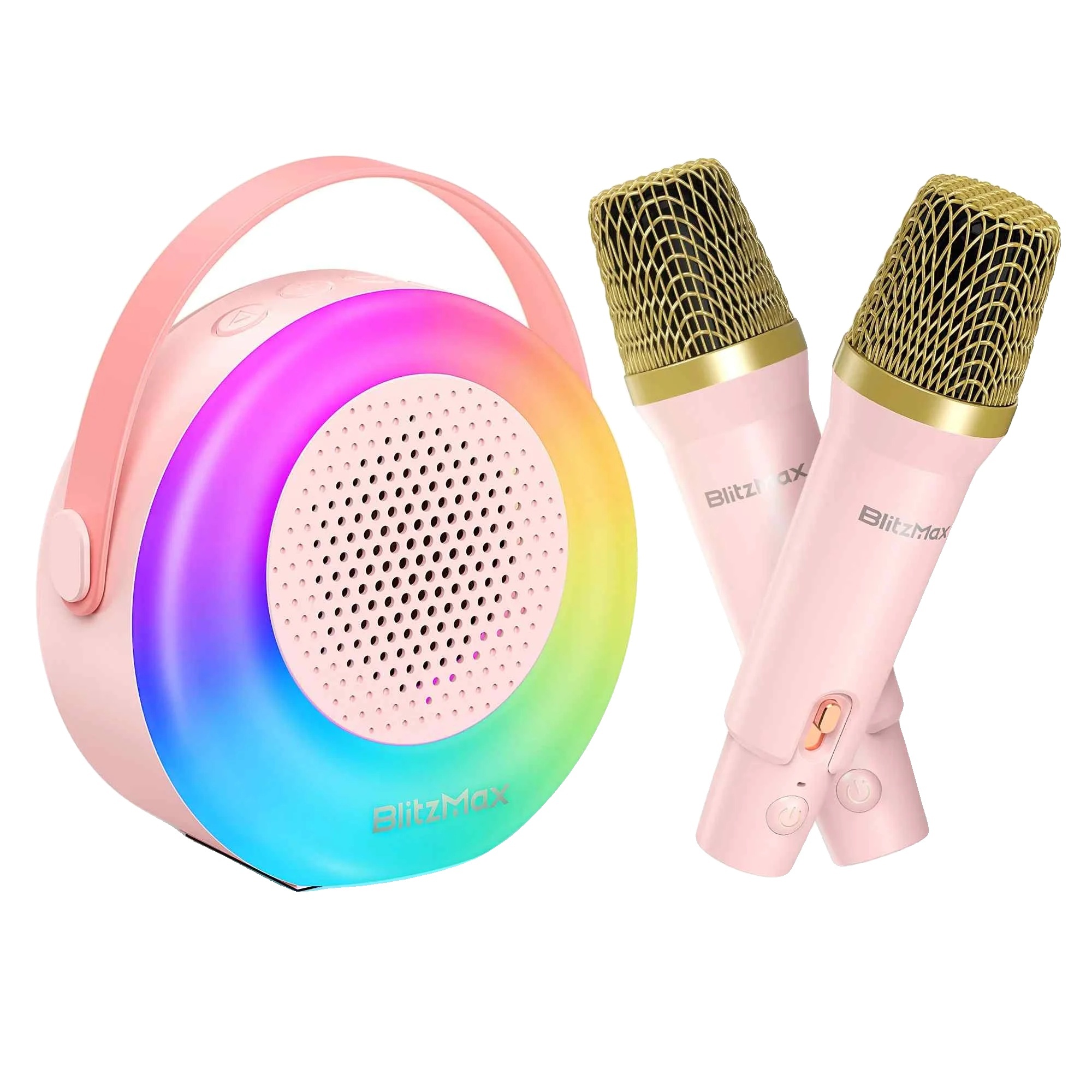 Karaoke prístroj, prenosný Bluetooth, 2 bezdrôtové mikrofóny, ružový