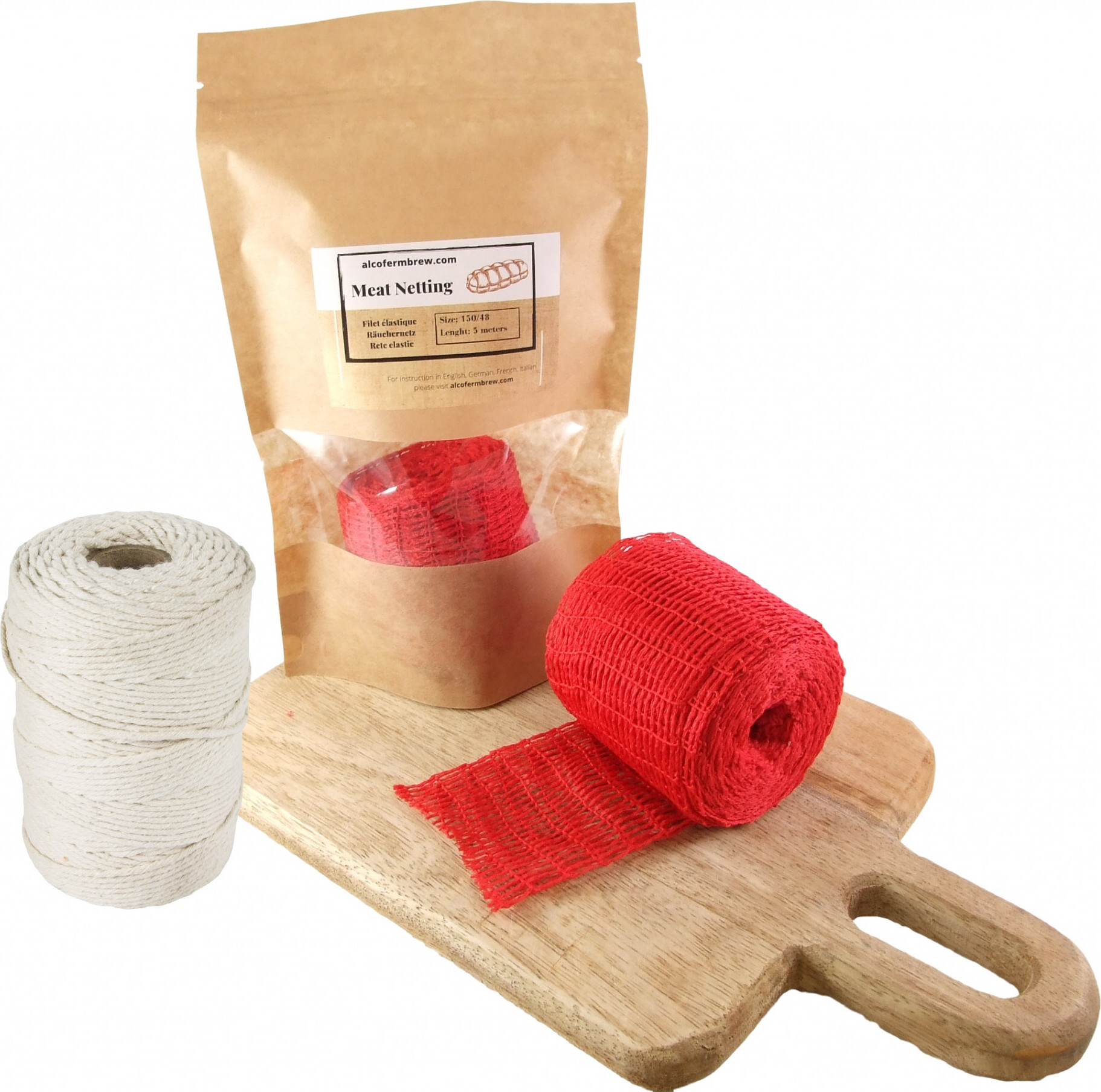 Alcofermbrew Rot Fleischnetz 150mm / 5m + Wurstgarn 80m - Schinkennetz, Räuchernetz, Küchengarn, Kochgarn