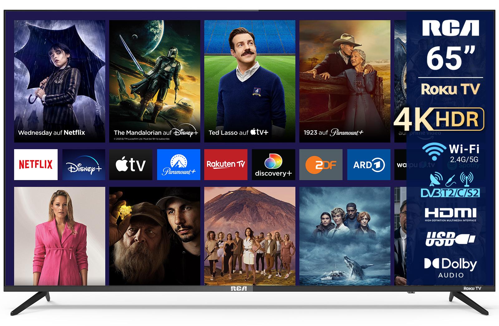 RCA Roku Smart TV – LED 4K Ultra HD – 65 palcov/165 cm – aplikácie na streamovanie, AirPlay a hotelový režim – 3x HDMI, 2x USB, CI+ – trojitý tuner DVB-T/T2/S/S2/C – bezrámový dizajn – vyrobené v Eindhovene, Holandsko – RK65UN1