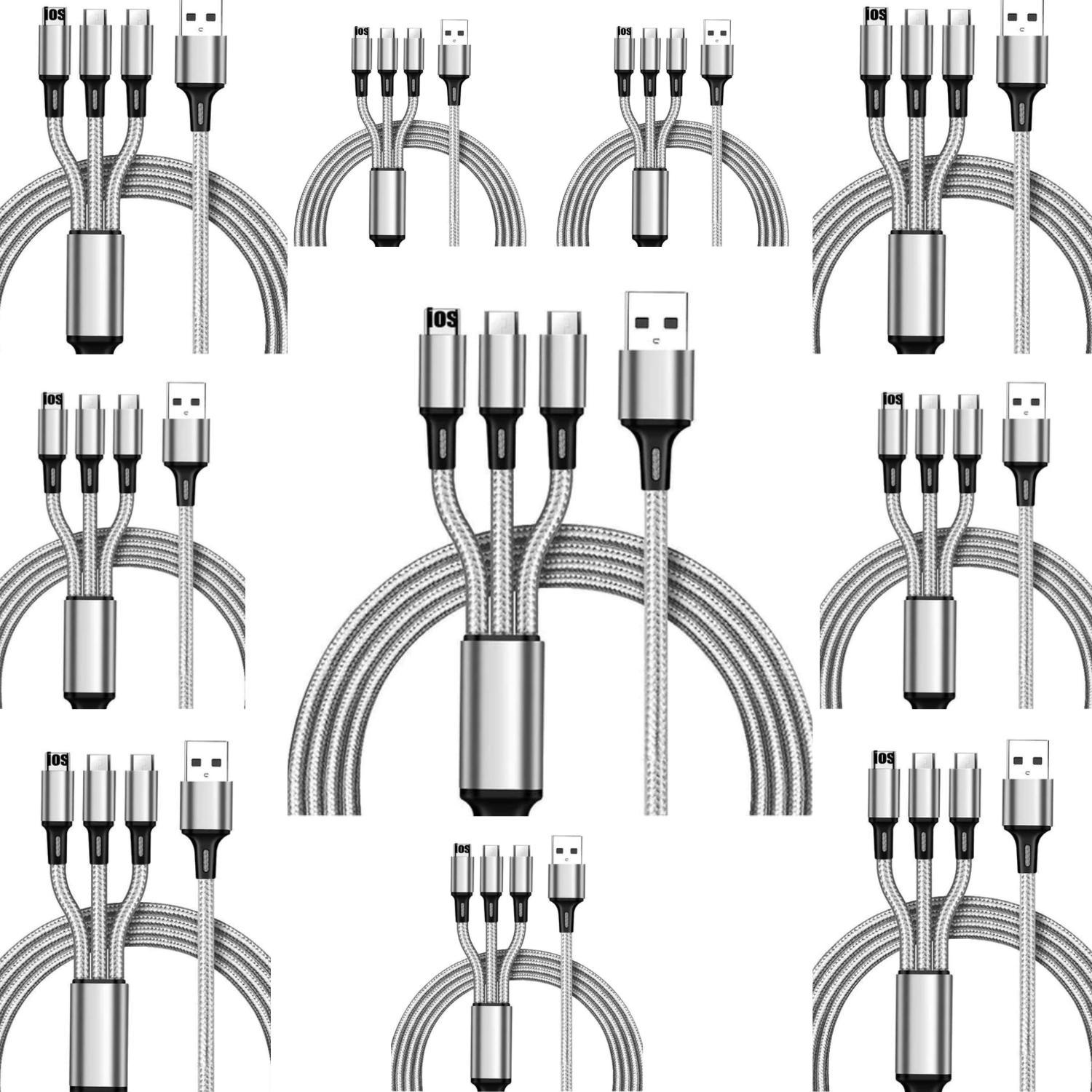 Nabíjací kábel 3 v 1 – odolný multifunkčný kábel s konektormi USB-C, Micro a pre iPhone – strieborný / balenie po 10 kusoch