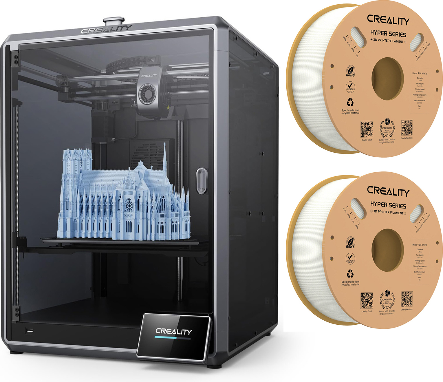 CREALITY 3D Creality K1 Max 3D Drucker, 600 mm/s Druckgeschwindigkeit+ 2* 1KG Weiss Hyper PLA Filament