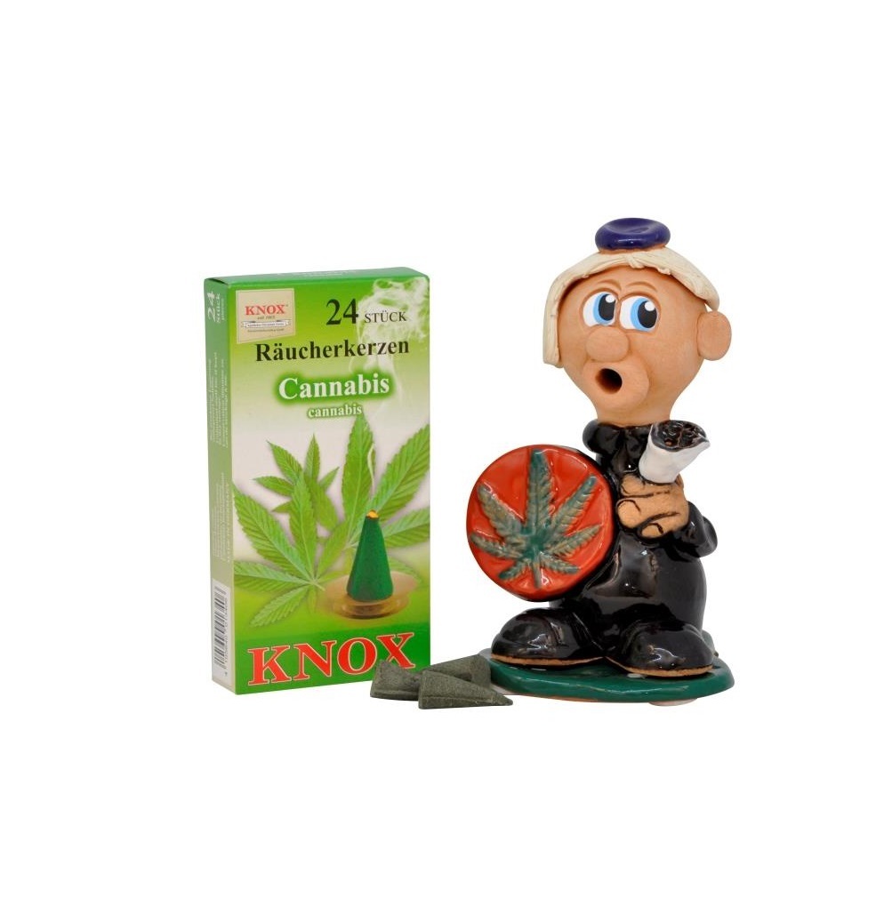 KNOX Cannabis Figur Raucher (14cm) und Kerzen - 24 Räucherkerzen mit Cannabis Duft - 600108KR