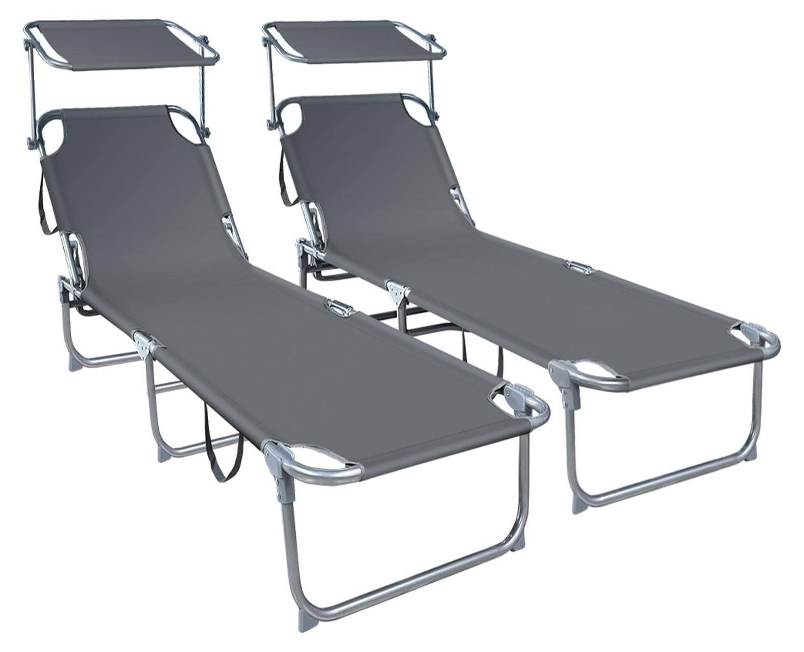 VOUNOT® 2er Set Sonnenliege mit Dach, 190 x 58 x 27 cm Grau