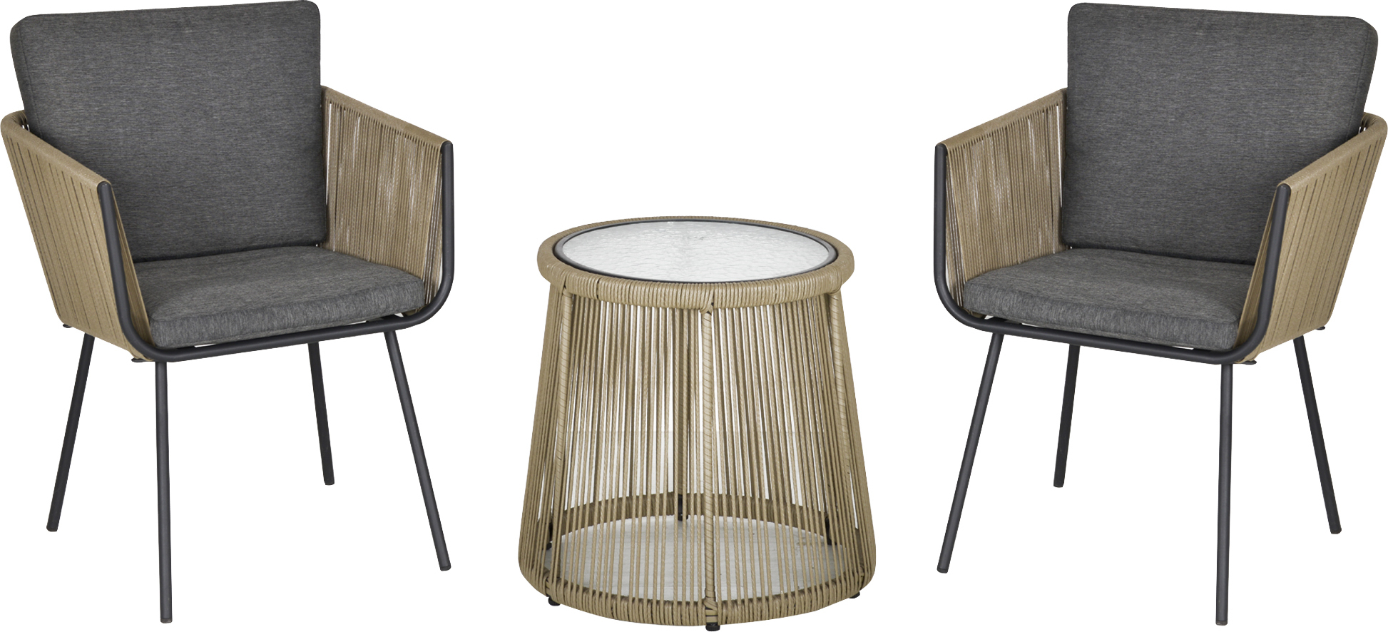 Outsunny 3-dielna súprava ratanového záhradného nábytku, sedacia súprava, záhradná súprava s 2 záhradnými stoličkami s vankúšmi na sedenie a operadlo, stolík s doskou z tvrdeného skla, na balkón, oceľ, sivá