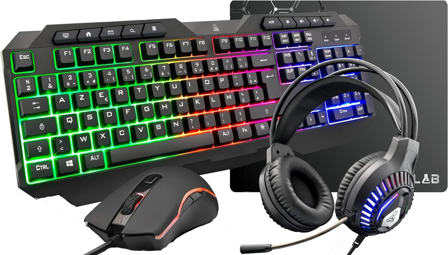 THE G-LAB Combo Plutonium – 4-in-1 Gaming-Pack – Gaming-Tastatur RGB Gamer Maus 3200 DPI, Gaming-Kopfhörer, rutschfeste Mauspad – PC PS4/PS5/Xbox