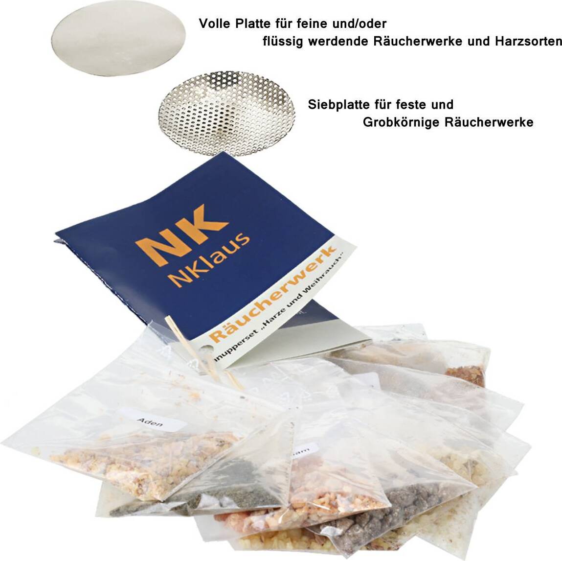NKlaus 12tlg Set 10x Räucherwerk 1x Räuchersieb 1x Plättchen Silber für Räuchergefäß