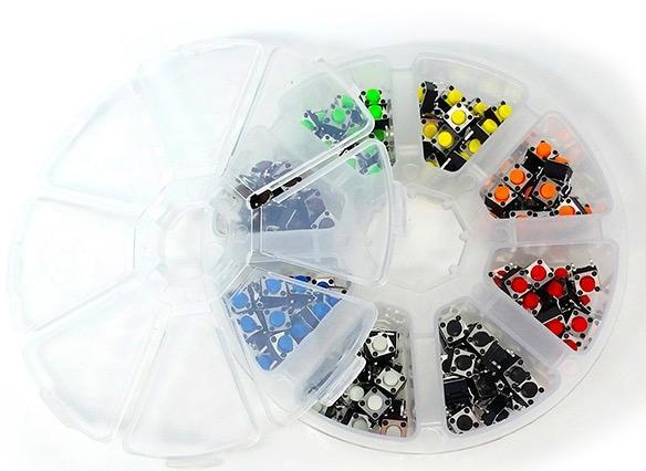 BerryBase 160-teiliges Kurzhubtaster-Sortiment, 6x6x5mm, 8 Farben, THT in Kunststoffdose KHTKIT-1