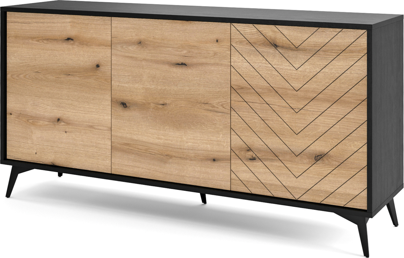 Selsey Boulia - Sideboard 3-türig, Schwarz mit Fischgrätfronten in Eiche, 154 cm