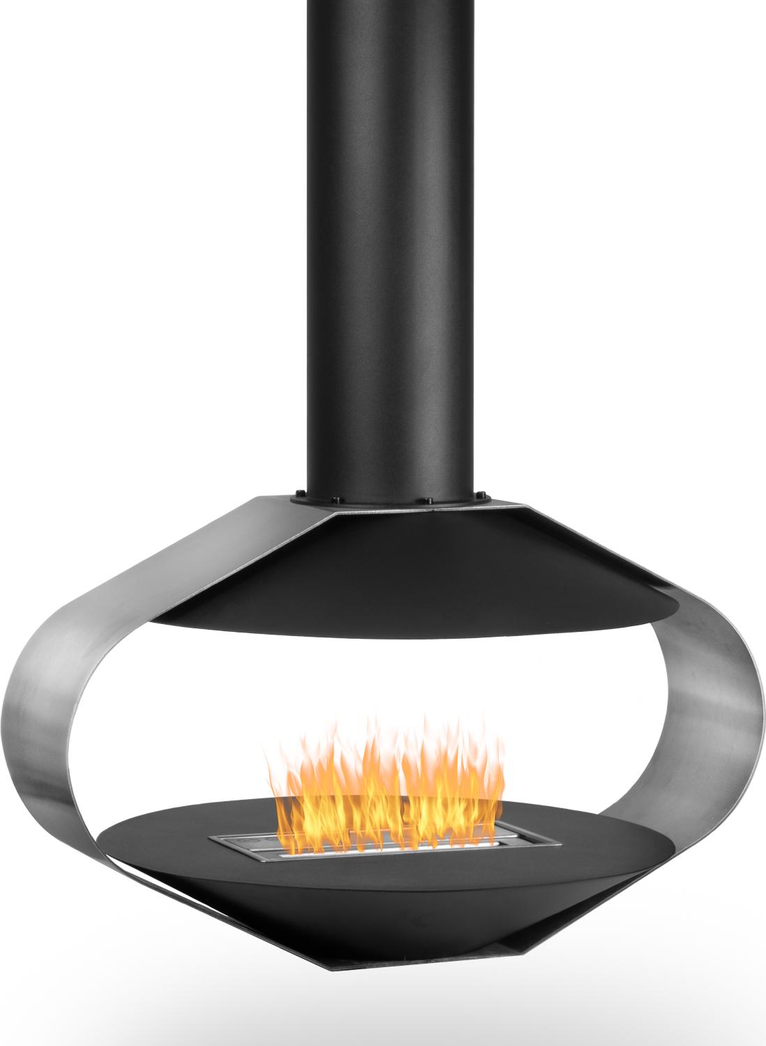 Moderný stropný krb na etanol čierny/strieborný H 190 cm - závesný krb na bioetanol do interiéru - dizajnový krb bez dymovodu - Ø 74 cm - spaľovacia komora 1 l