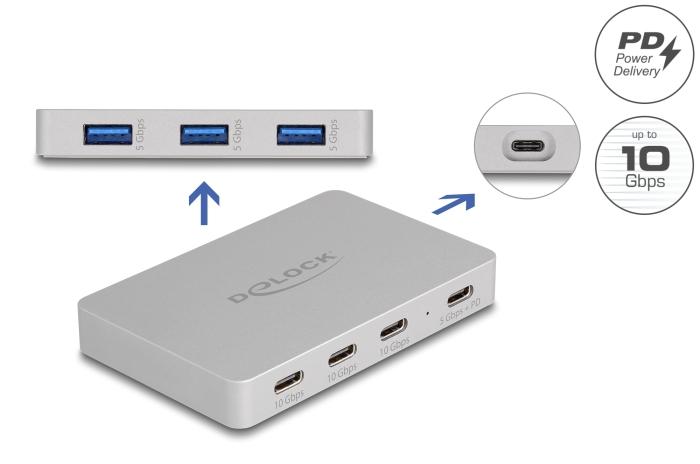 DeLOCK 64279, USB 3.2 Gen 2 (3.1 Gen 2) Type-C, USB 3.2 Gen 1 (3.1 Gen 1) Type-A, USB 3.2 Gen 1 (3.1 Gen 1) Type-C, USB 3.2 Gen 2 (3.1 Gen 2) Type-C, 10000 Mbit/s, Šedá, Hliník, 82 W