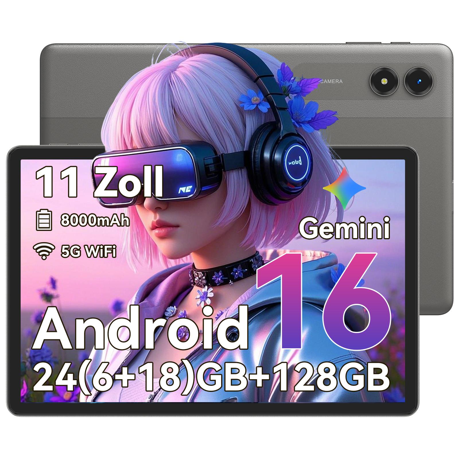 TABWEE T50 Tablet Android 16 & Gemini-KI- 11 Zoll 90Hz HD+ displej, Unisoc Octa-Core, 24GB(6+18)RAM, 128GB + 2TB erweiterbar, 8000mAh reverzné nabíjanie