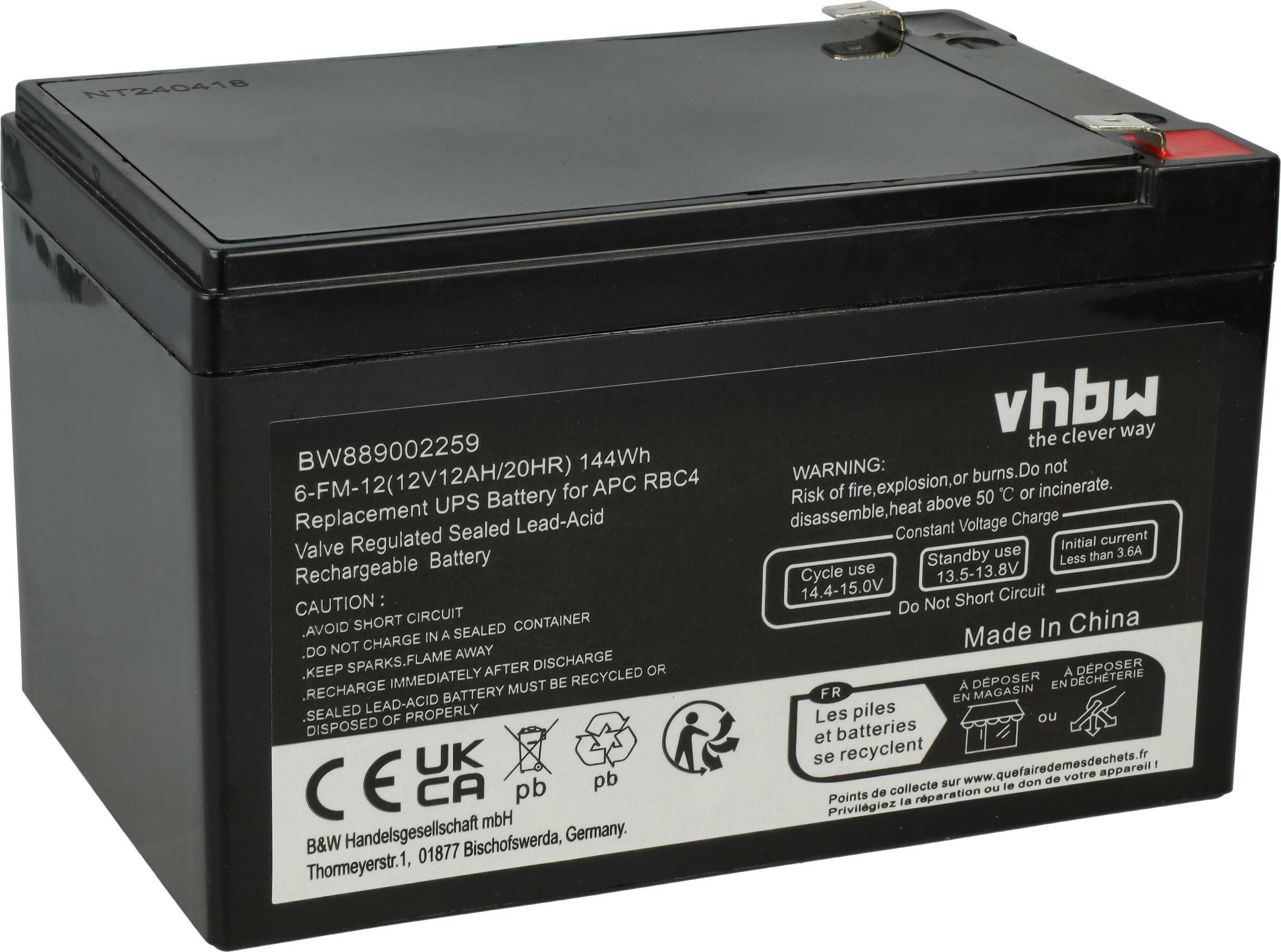 vhbw Akku kompatibel mit APC SUVS650I, SC620, SUVS650, SU620NET, Smart-UPS, SU620INET, SC620I USV (12 Ah, 12 V, AGM) 181729055-2