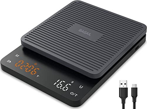 Bagail Digitálna váha na kávu Časovač 0,1 g vysoko presná elektronická kuchynská Veľký displej automatické morenie, dobíjateľný filter kávy, max. hmotnosť