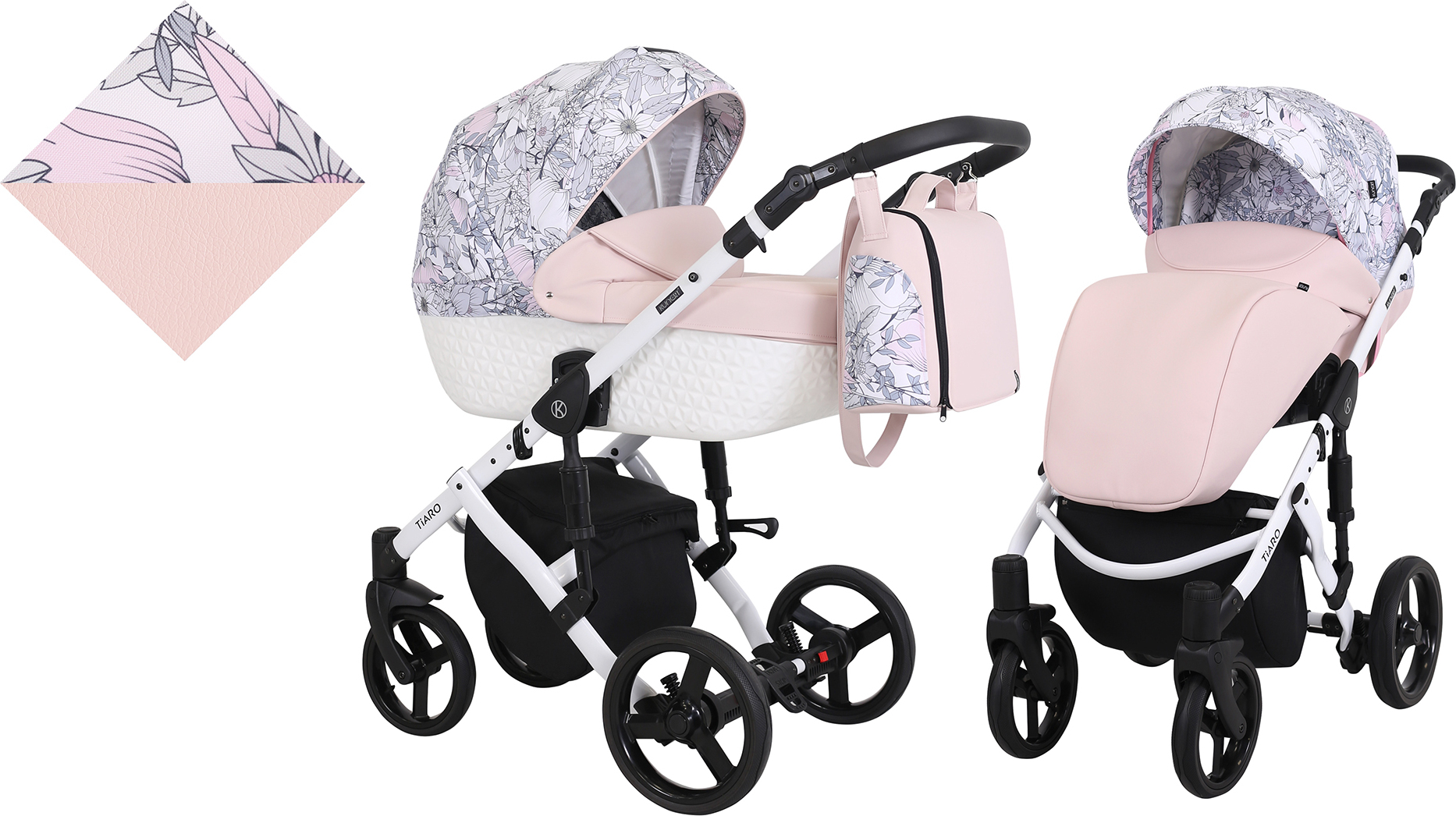 Kinderwagen TIARO Sportwagen Babywagen Babyschale Komplettset Kinder Wagen Set 2 in 1 (Rosa mit Blumen, Rahmenfarbe: Weiß)