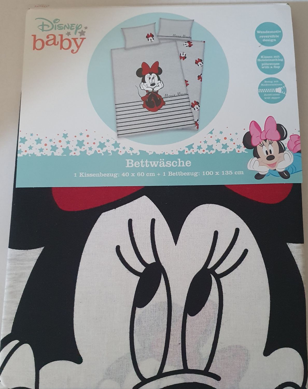 Herding Kinder Renforce Baby Bettwäsche 2 tlg. 100x135cm Disney Minnie Mouse Grau Schwarz Rot Schleife Reißverschluss 24784 16.063 560