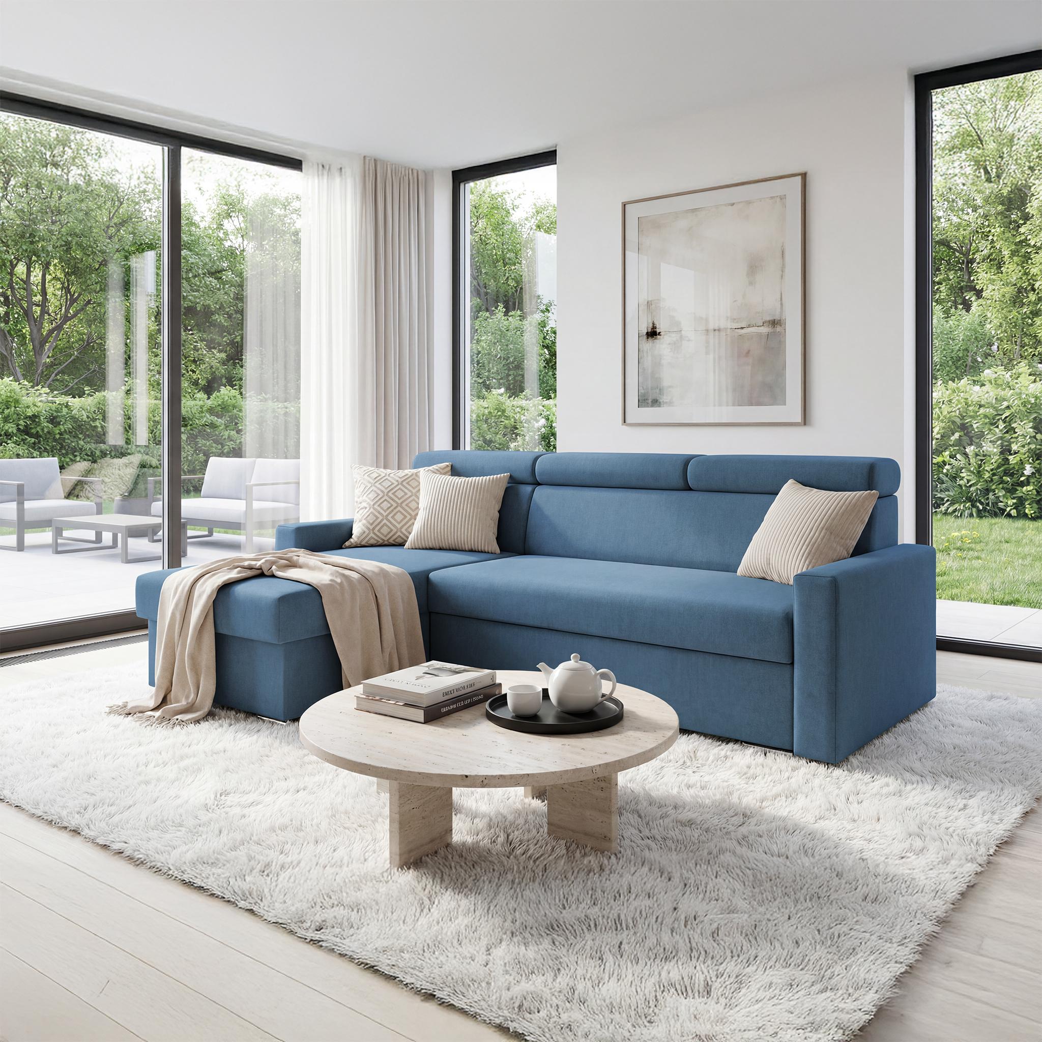 Sofiland Ecksofa Vega L mit Schlaffunktion Zero-Wall Funktion Samtsofa 224 cm Blau Best 713