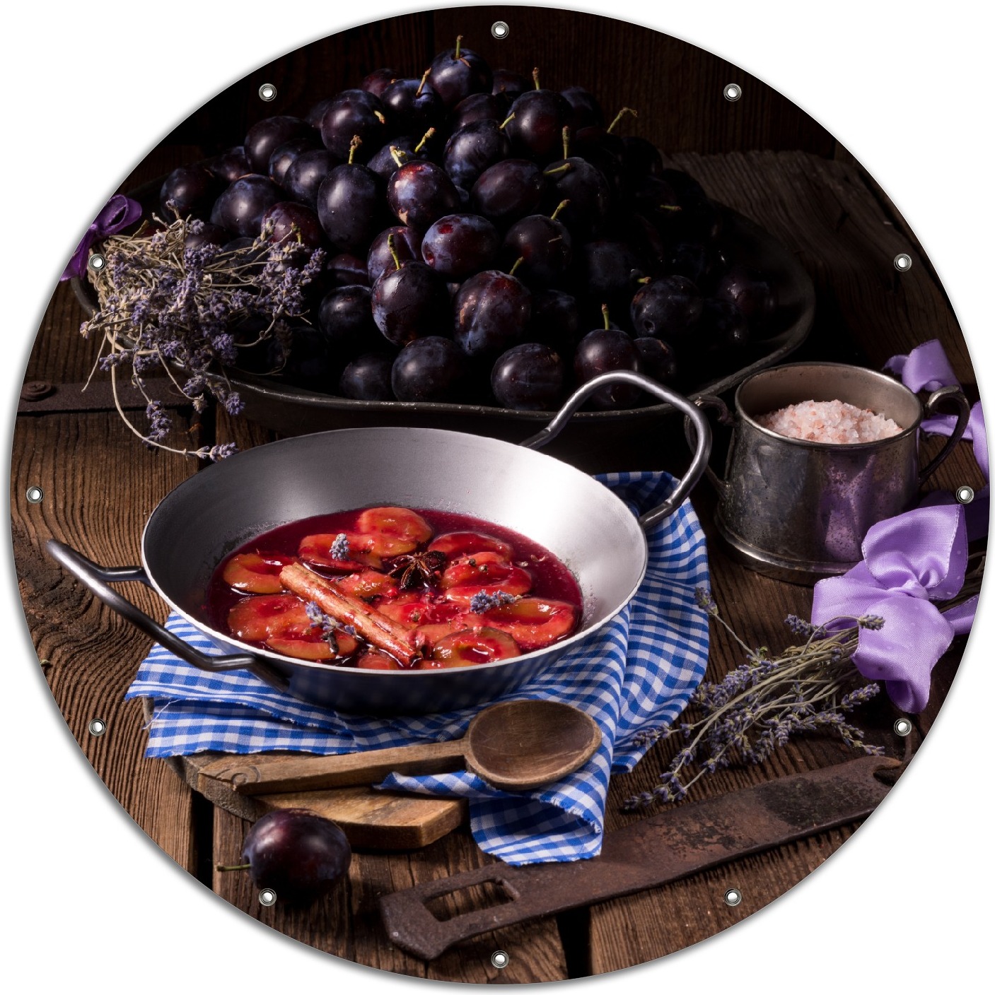 Wallario rundes Outdoor-Poster für Garten oder Balkon, Motiv Frisches Pflaumenkompott mit Gewüzen, 120 cm Durchmesser ruban5325-120120
