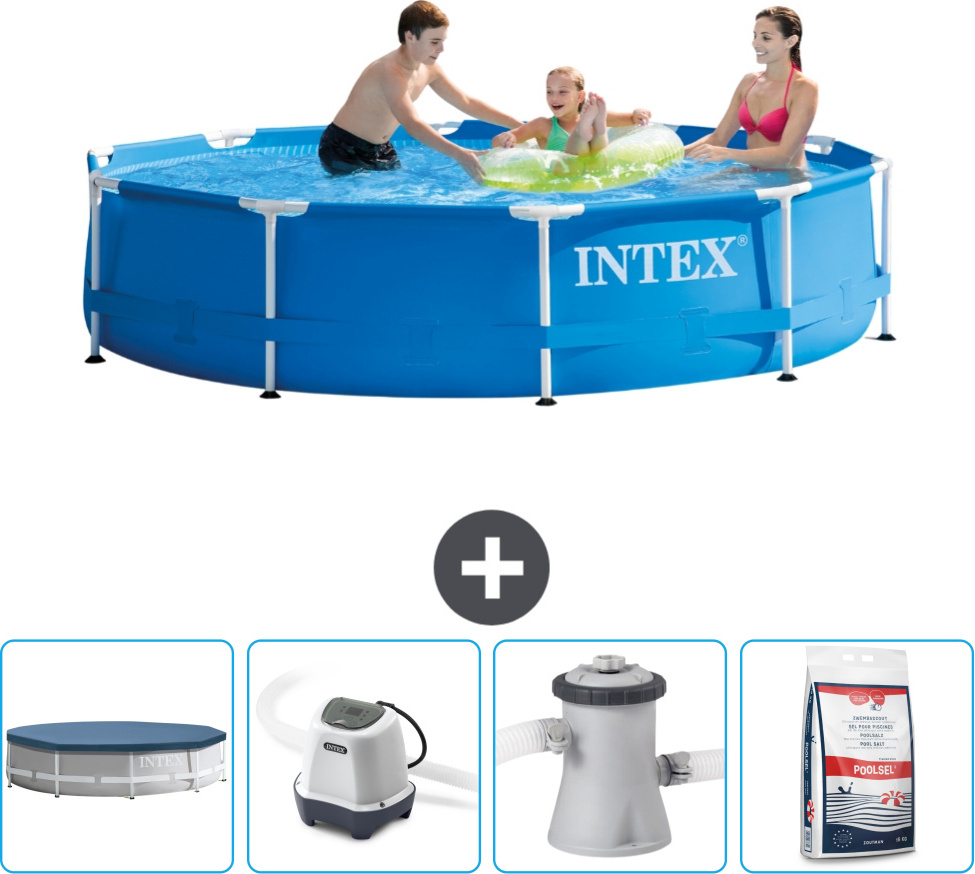 Bazén Intex s okrúhlym rámom - 305 x 76 cm - modrý - vrátane krytu - systém so slanou vodou - filtračné čerpadlo pre bazén - bazénová soľ