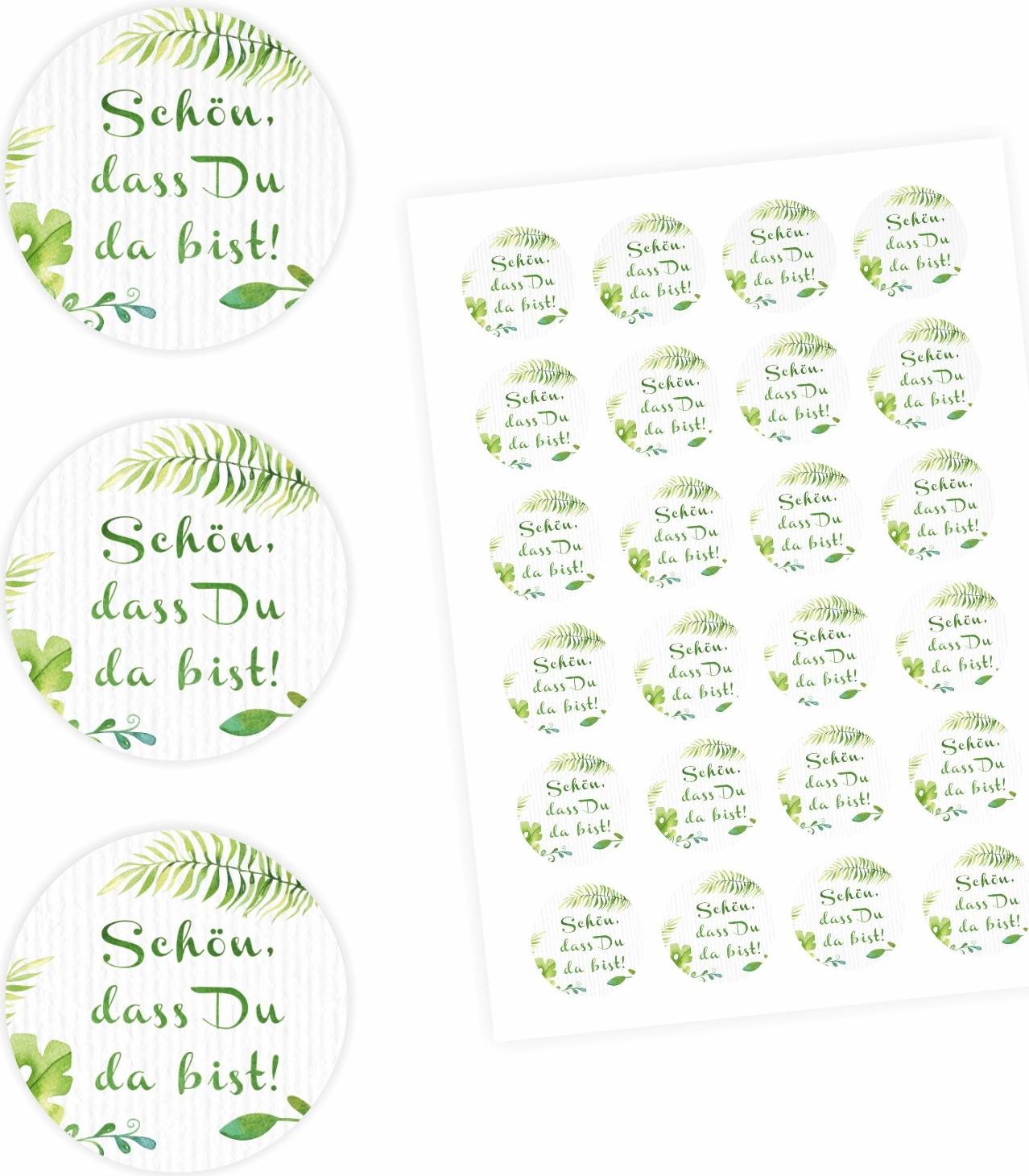 nikima 24 "Schön, dass Du da bist!" Aufkleber - Floral Weiß/ Grün - rund 4 cm Ø - Sticker Hochzeit Gastgeschenk AK-046