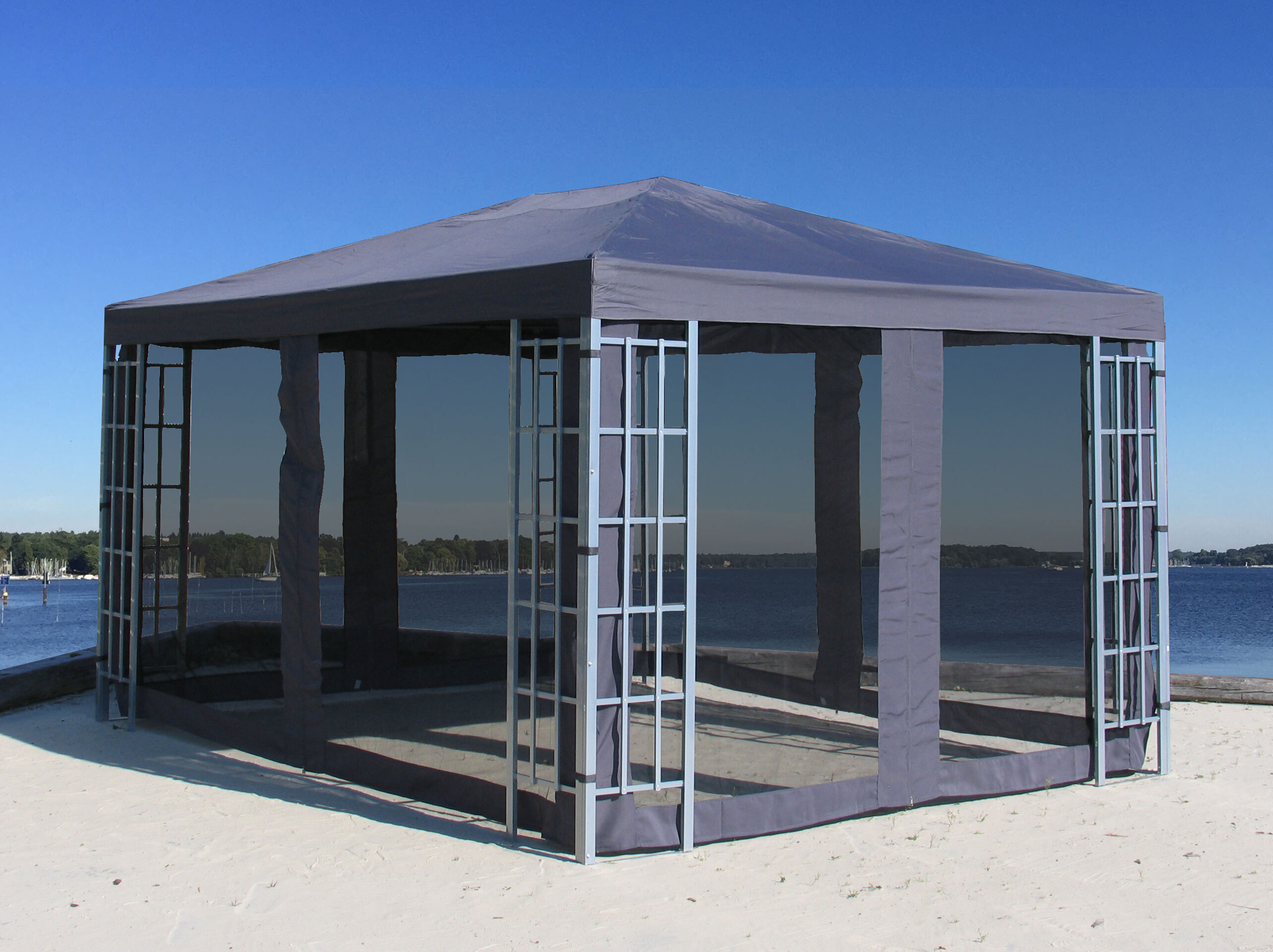 Metall Pavillon 3x4m Silver mit 4 Seitenteilen mit Moskitonetz Garten Partyzelt Anthrazit