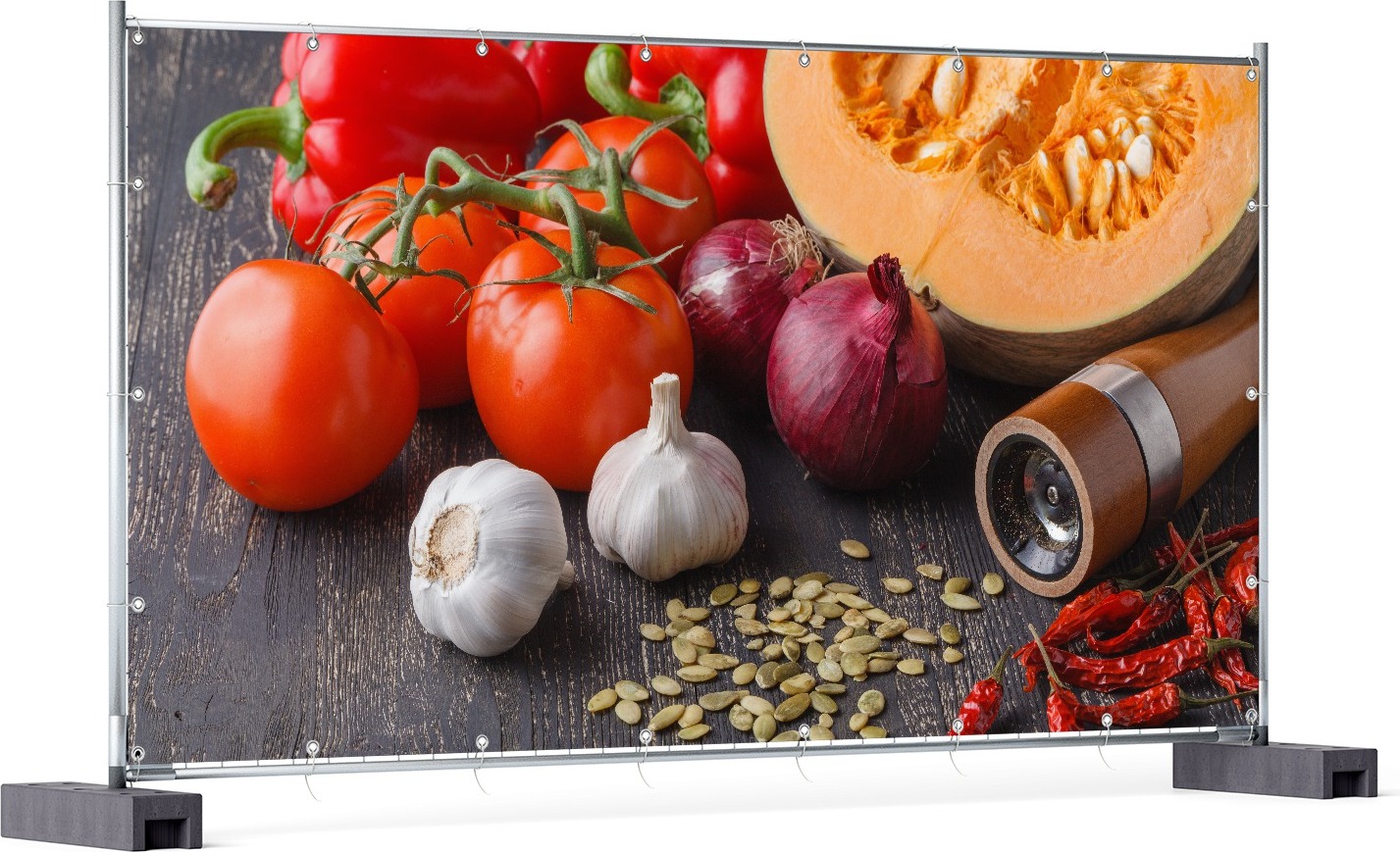 Wallario XXL Outdoor-Poster für Garten oder Balkon, Motiv Kürbissuppe - Zutaten mit Tomaten, Knoblauch, Zwiebeln und Pfeffer, in ca. 340 x 173 cm goban5290-340173