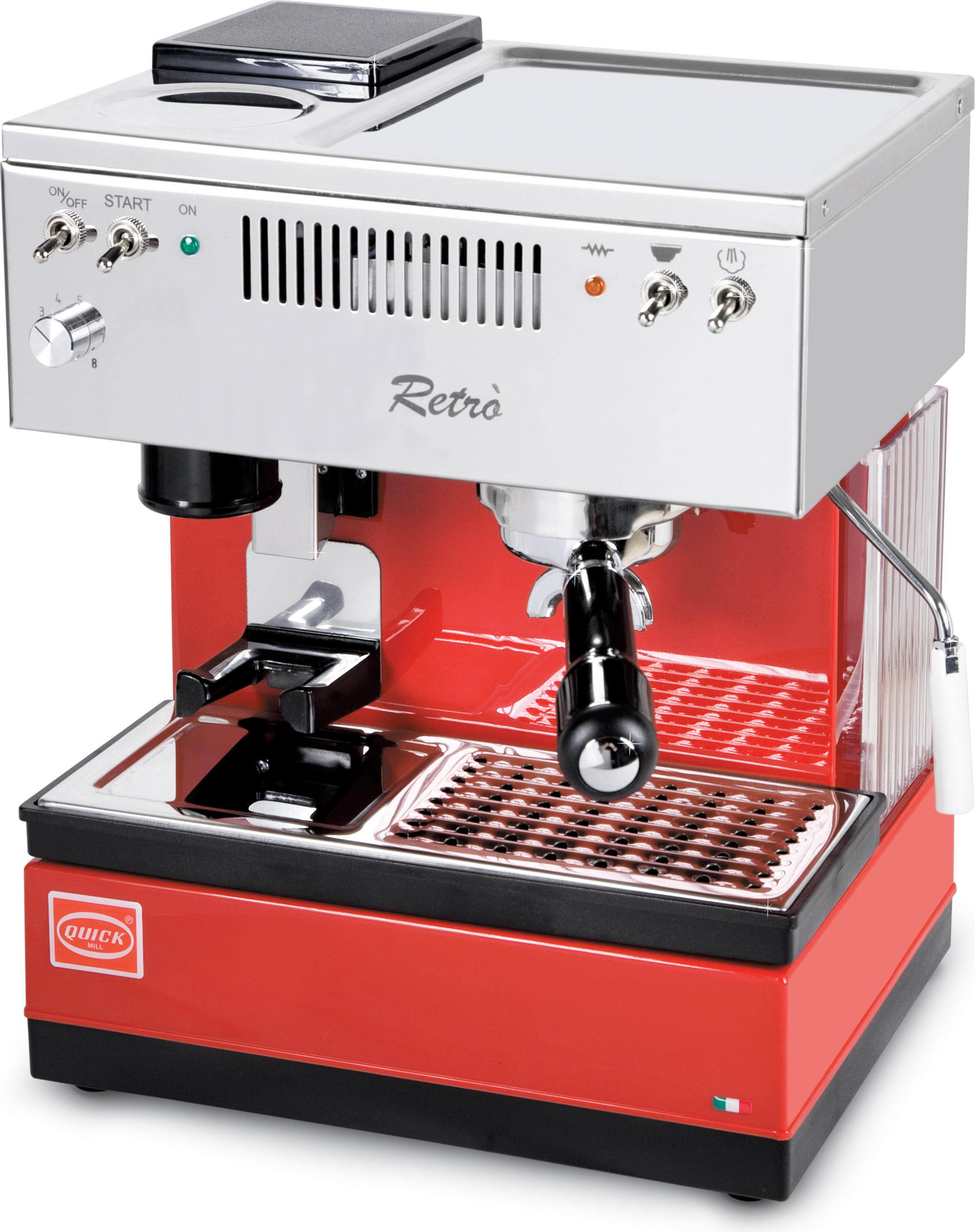 Kávovar na espresso Quickmill model 0835 retro s portafilterom, červený