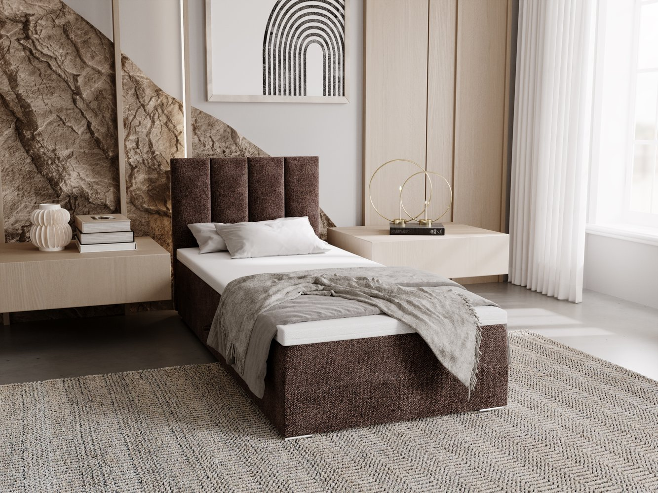 Čalúnená posteľ 90x200 ELSIE 4 s úložným priestorom - svetlo hnedá, ľavé prevedenie