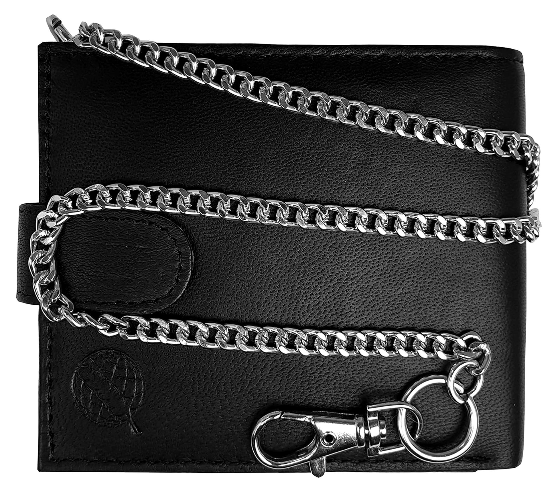 Markenlos Herren Bikerbörse Leder Geldbörse - Kreditkarten Brieftasche Gekettet - 43cm Kette - 4 Kreditkartenfächer - Münzfach mit Druckknopf RL506KX (Schwarz mit Box)