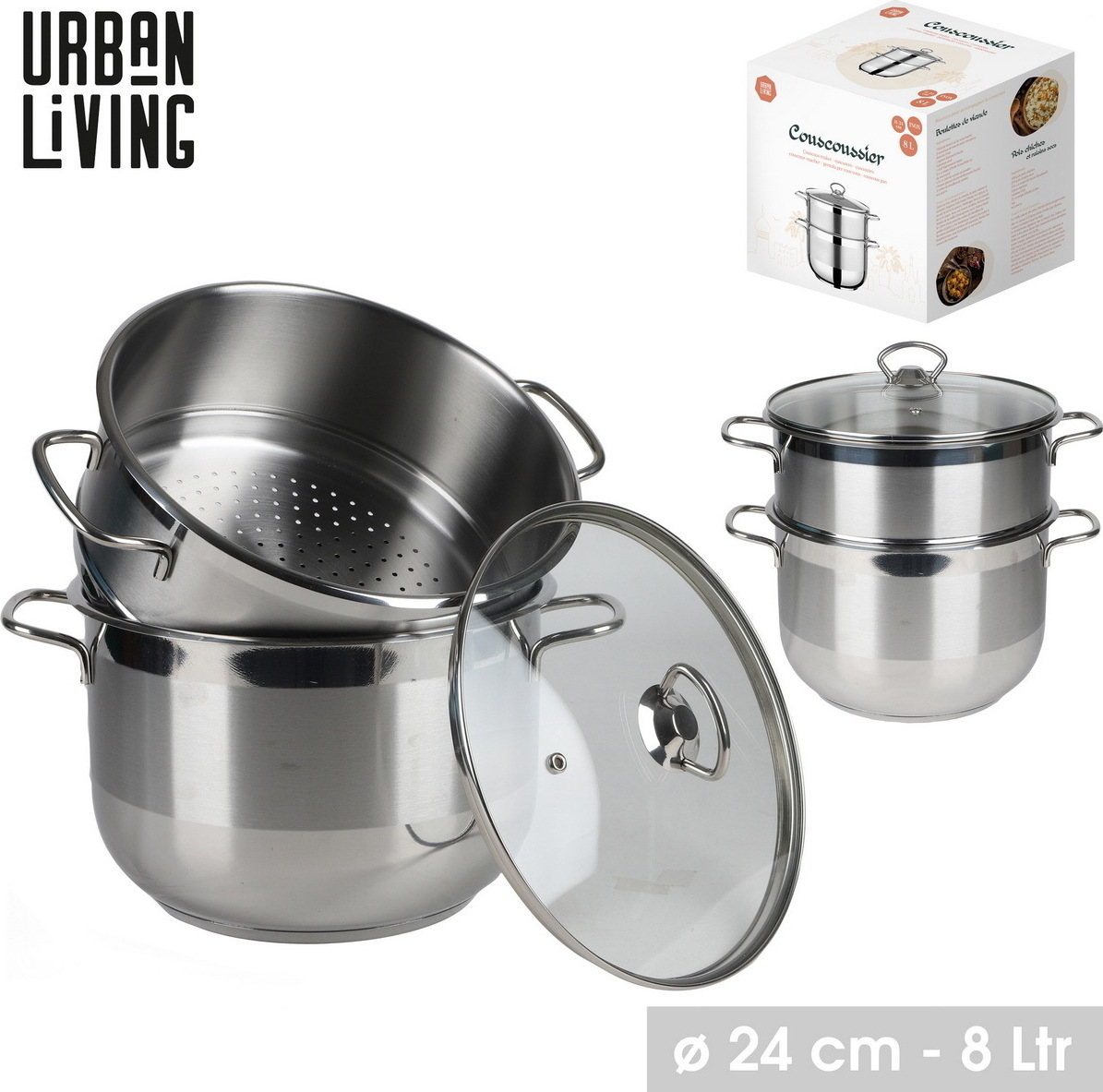 Urban Living 8 Liter Couscous-Topf Ø 24 cm Edelstahl Kochtopf 31321