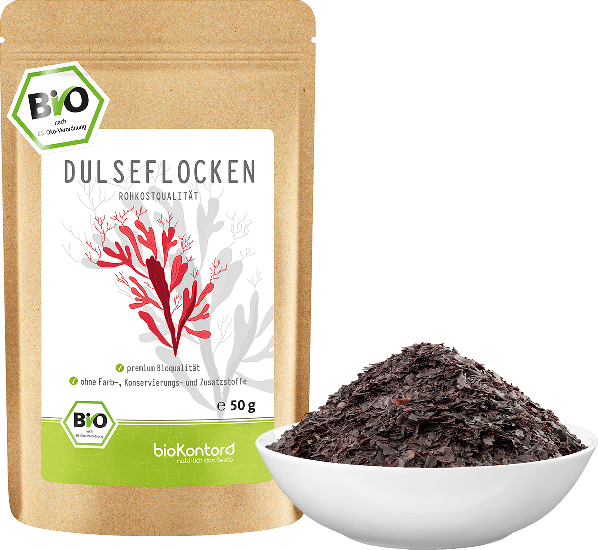 Dulse Flocken 50 g aus dem Atlantik | Dulse Algen aus Wildsammlung | 100% naturrein – Rohkost | bioKontor 51001KL