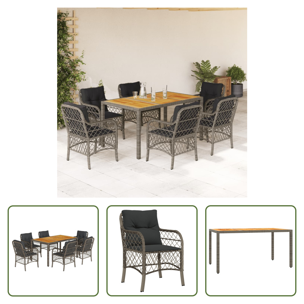 The Living Store 7-dielny záhradný jedálenský set s vankúšmi sivý polyratan