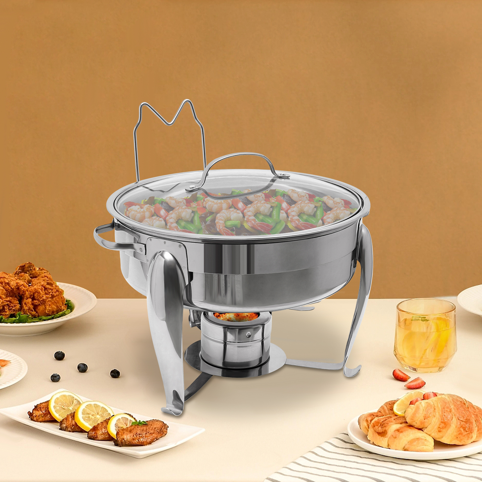 GreatDEshop2021 Edelstahl Chafing Dish, Chafing Dish Buffetwärmer, Buffet Server und Wärmer, Chafing Dish Mit Löffel und Glasdeckel JJFTIW-000800-WL
