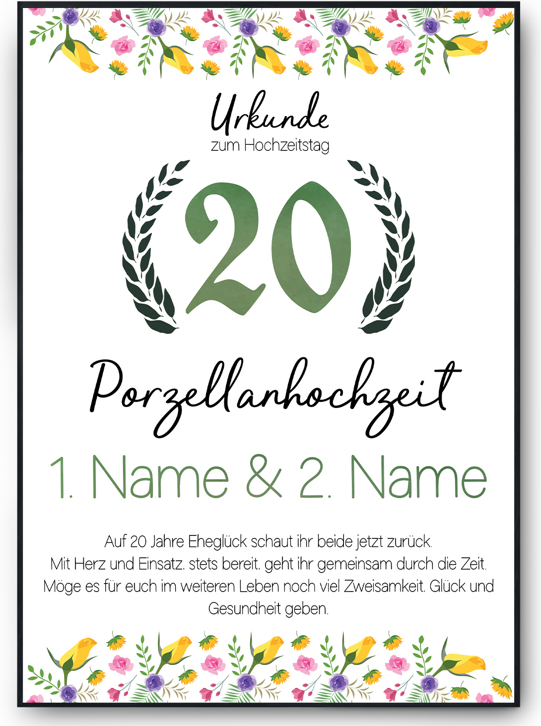 Tigerlino® 20. Hochzeitstag personalisiertes Geschenk Urkunde zur Porzellanhochzeit Deko – DIN A4 + Rahmen schwarz