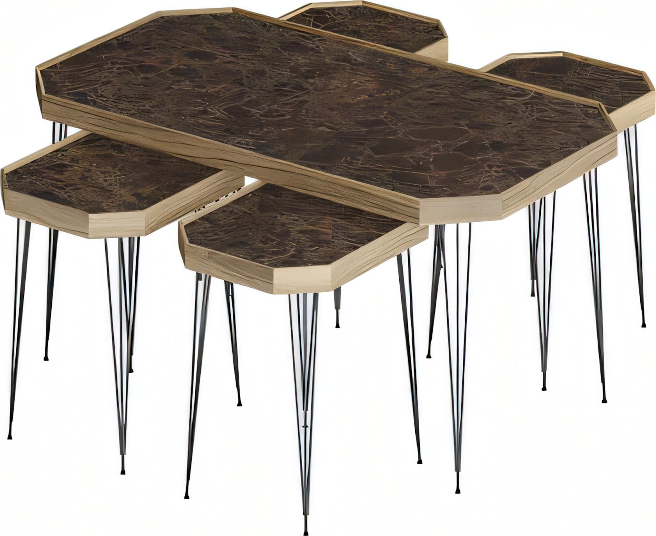 AEA Eleganter Brauner Holz Couchtisch mit Beistelltischen im Stil