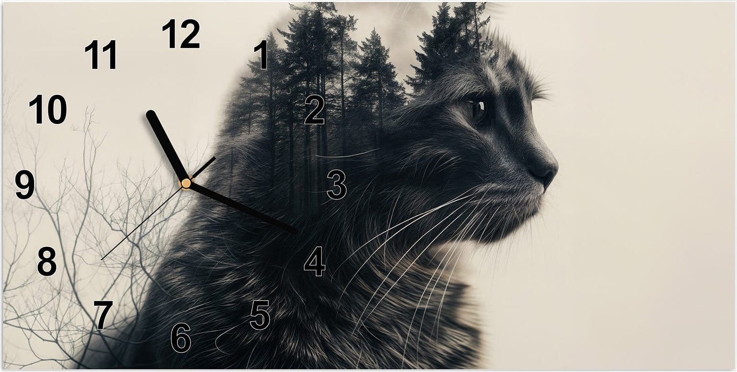 Primedeco Wanduhr aus Glas mit Motiv Waldkatze- 60 x 30 cm - inkl. Aufhängesystem