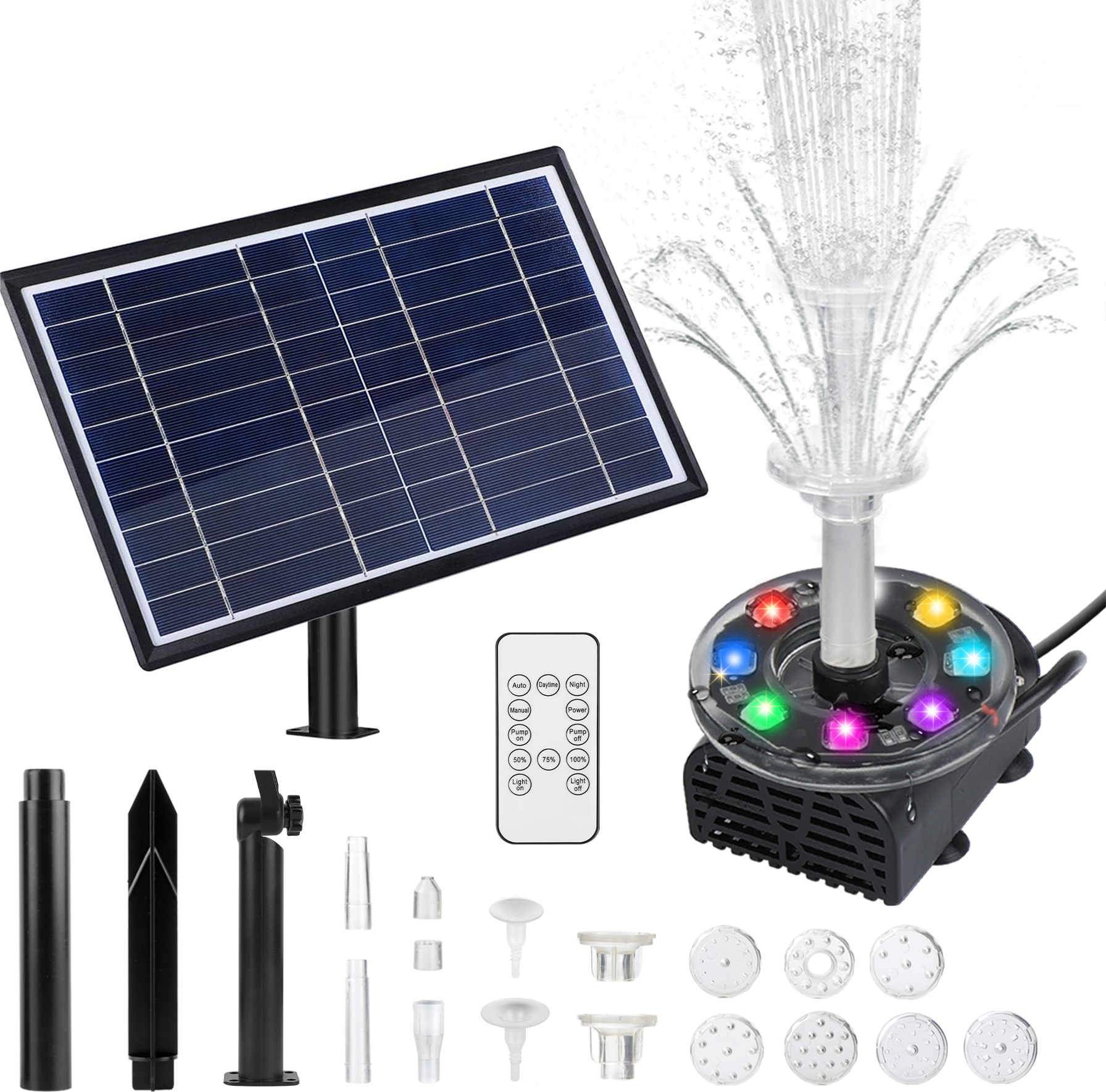 Rýchla solárna záhradná fontána, 10W vodná funkcia solárna fontána s RGB LED s diaľkovým ovládaním