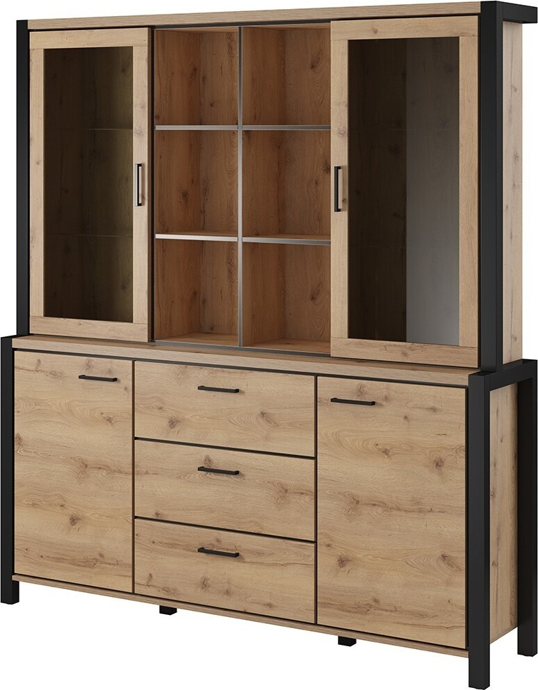 Buffet- und Hütchenset mit LED-Beleuchtung, Kollektion TIVORA Möbelstück mit 4 Türen, 3 Schubladen. Farbe Eiche und Schwarz