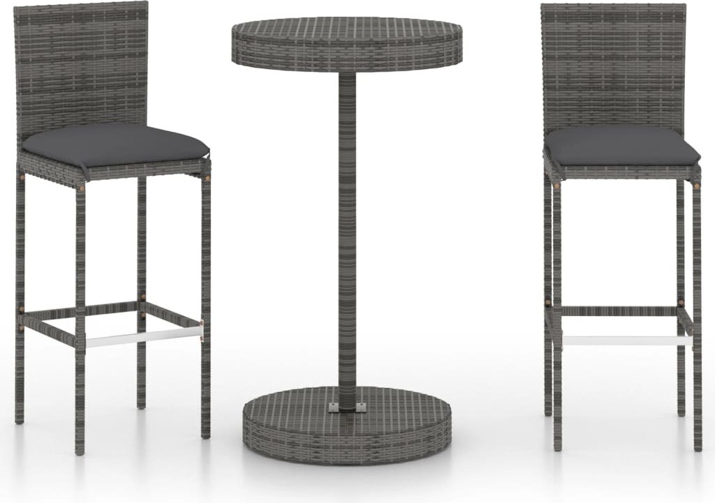 vidaXL 3-dielny záhradný barový set s vankúšmi Poly ratan sivý