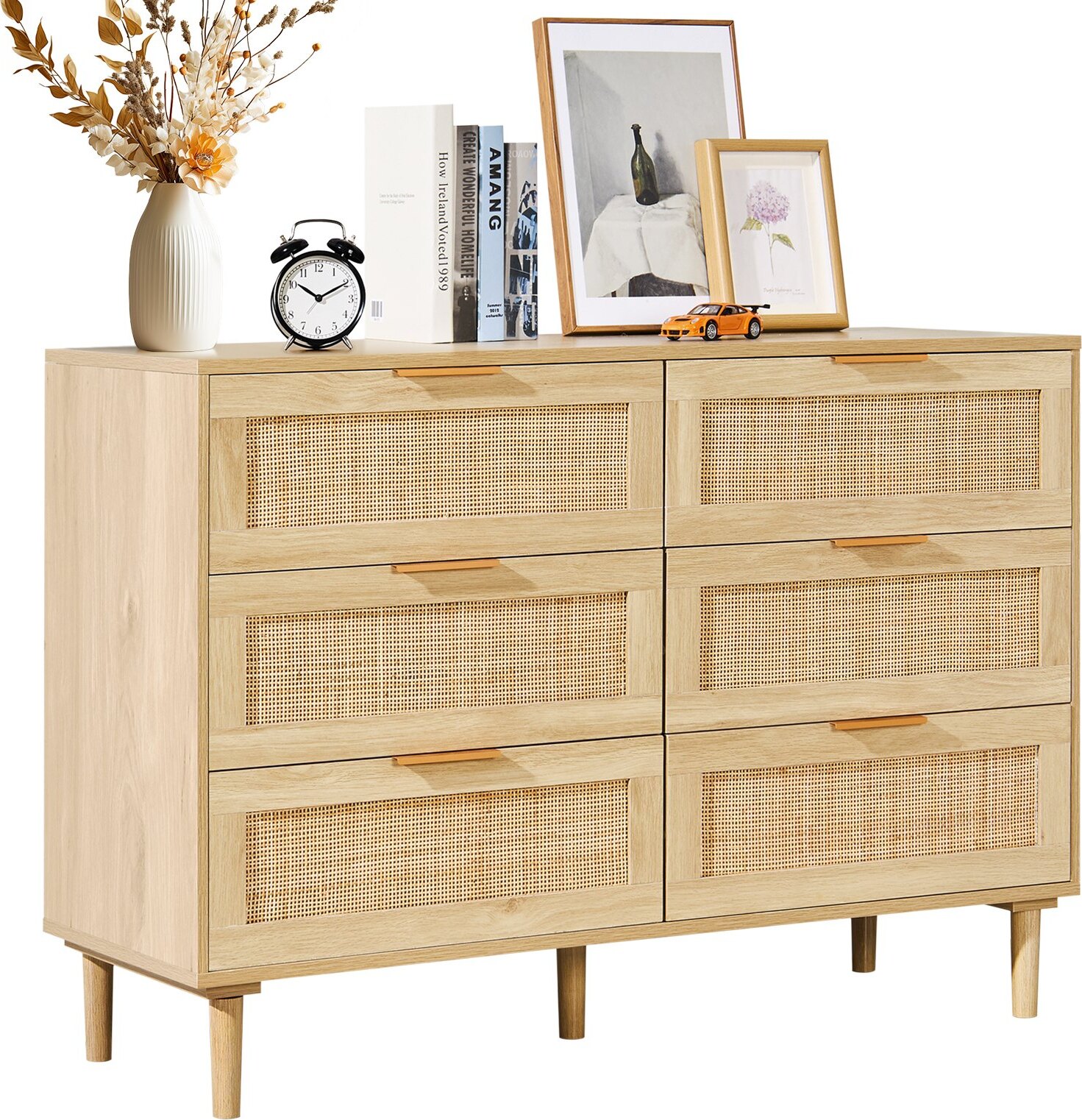 Rattan-Schubladenkommode Wohnzimmerschrank 6 Schubladen Holzfarbe Flur