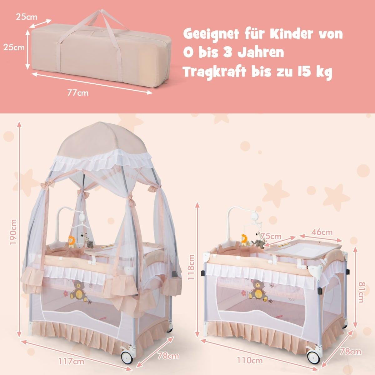 Northix 4-in-1 Baby-Reisebett mit Verdeck, Matratze, Rosa