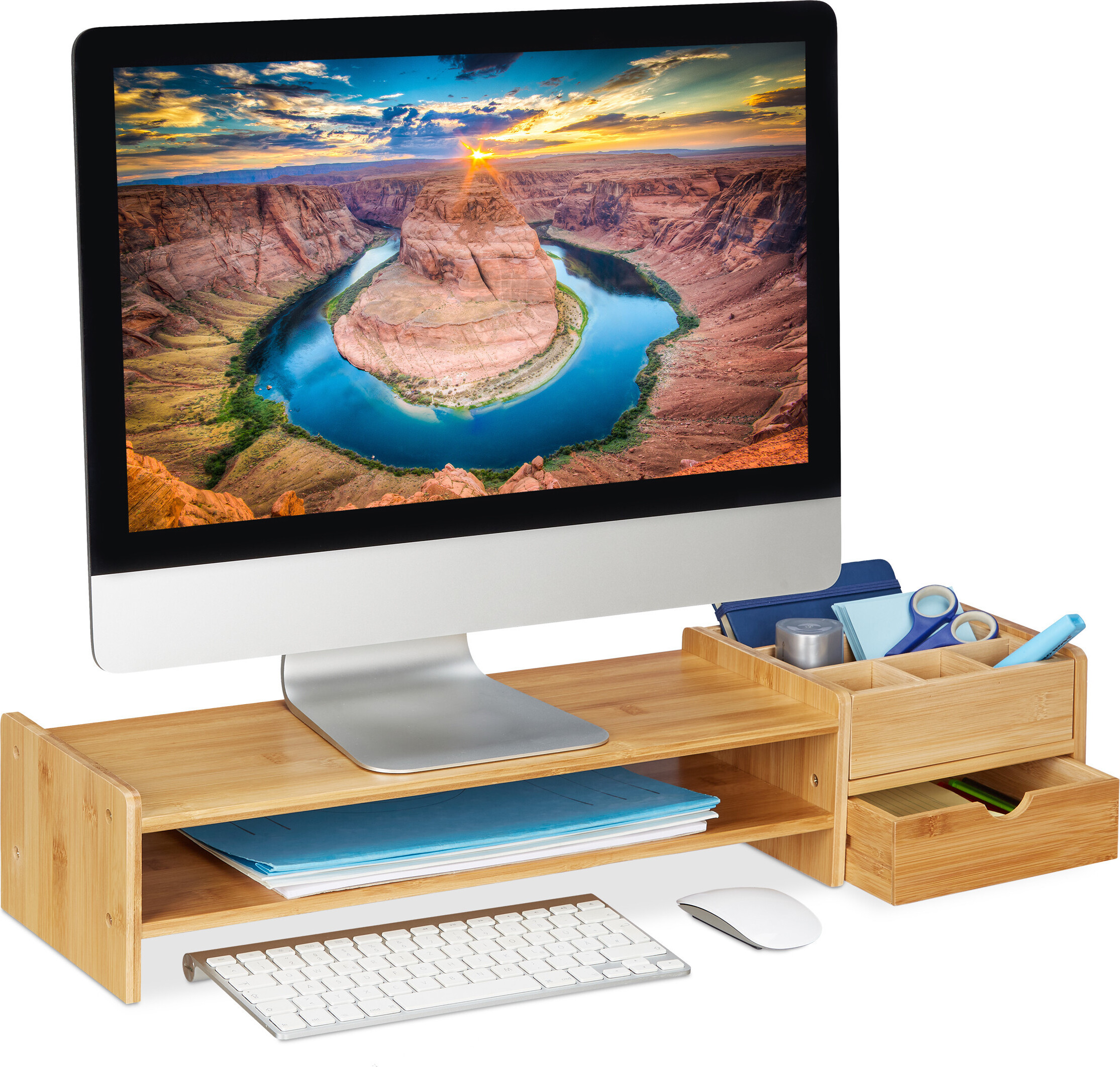 Supporto Per Doppio Monitor In Bambù Naturale | 100 Cm Porta 2 Schermi Da 27'' O 1 TV 75'' | Portata 136 Kg - 4