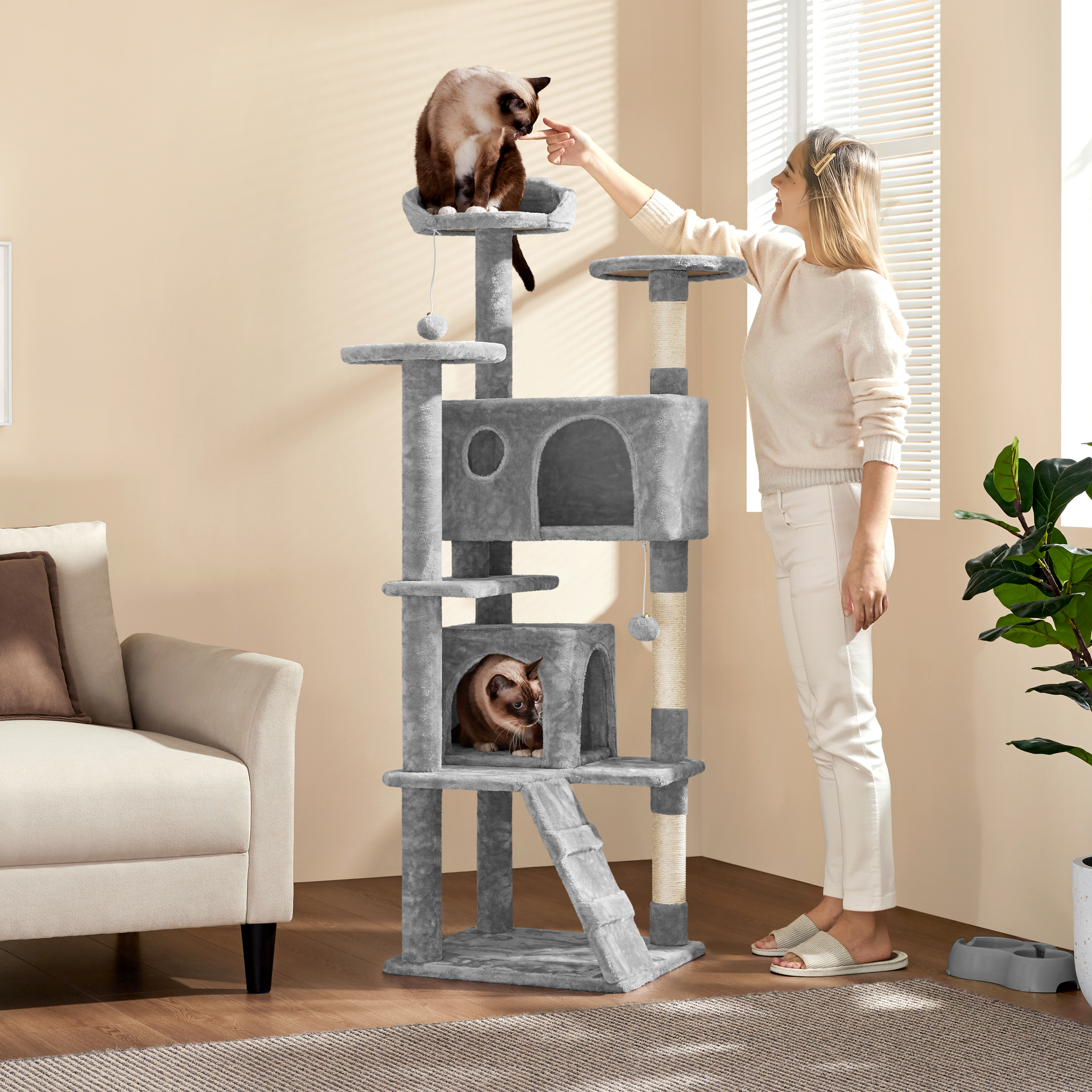 Yaheetech Kratzbaum 158 cm, mit Sisalstämmen, stabiler Katzenkratzbaum, Kletterbaum für Katzen, Hellgrau 593240 Light Gray